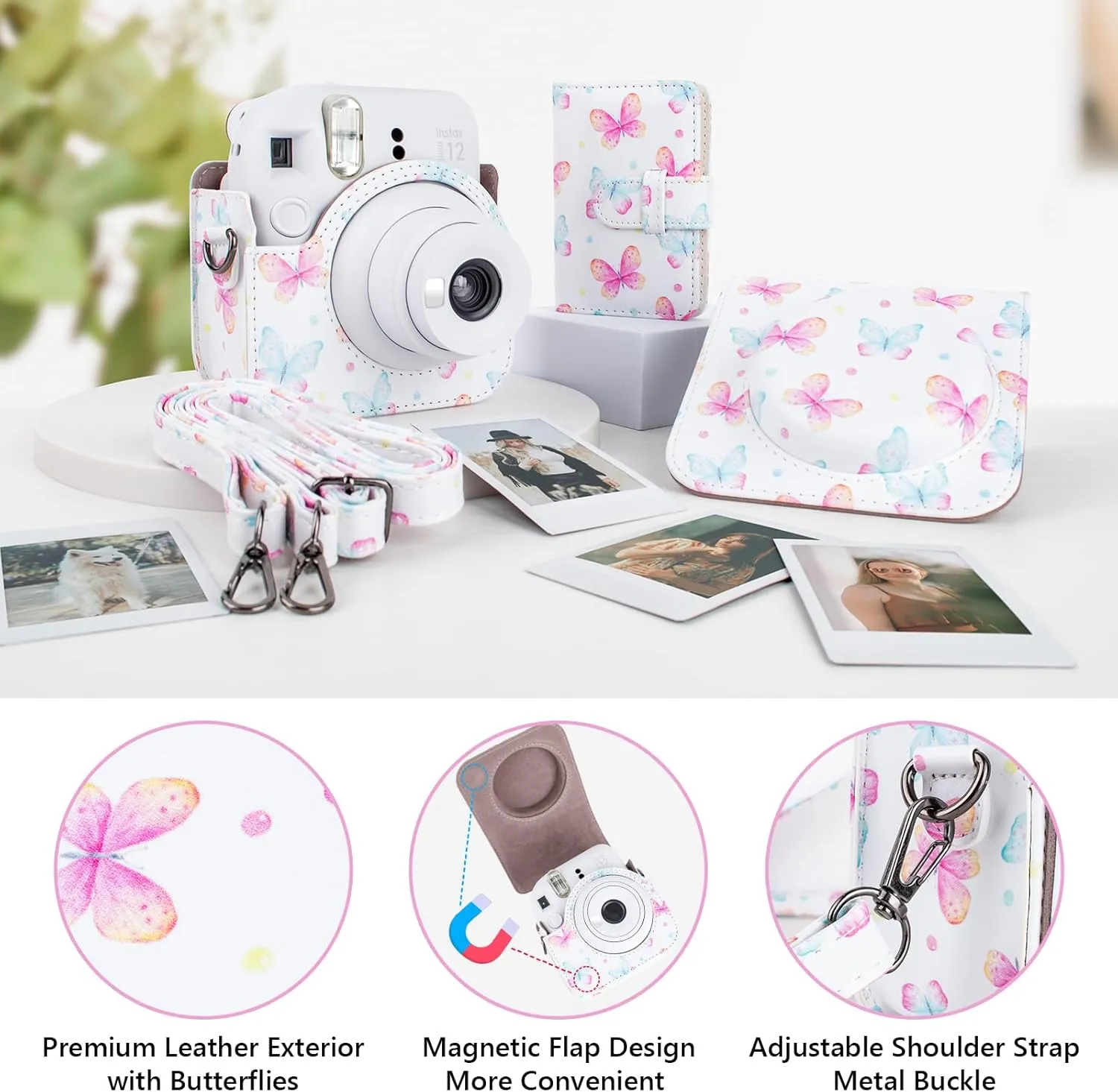 Camera Case Compatible with Fujifilm Instax Mini 12, Polaroid Instax Camera Carry Case Bag with Photo Pocket and Mini Photo Album - Butterfly Pink