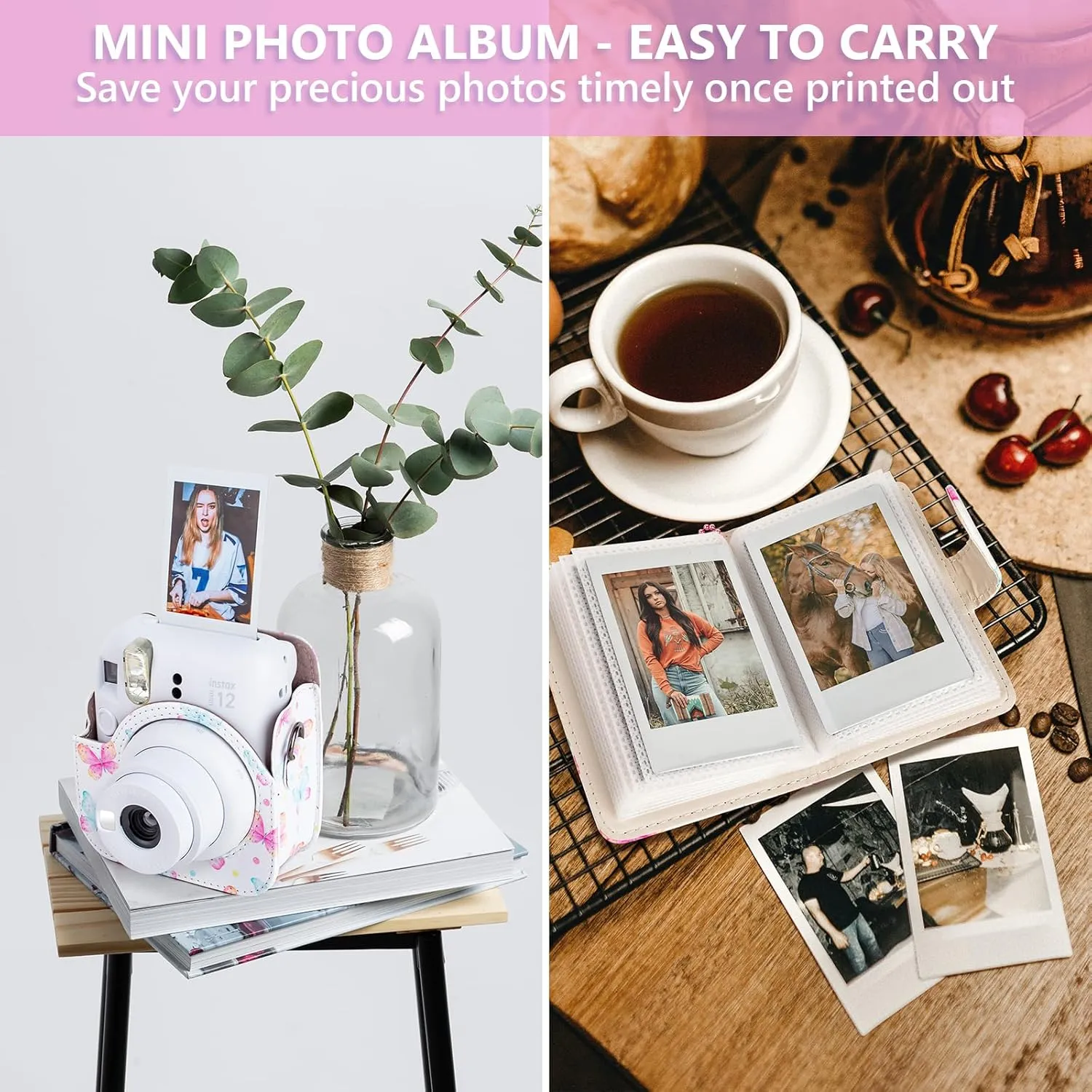 Camera Case Compatible with Fujifilm Instax Mini 12, Polaroid Instax Camera Carry Case Bag with Photo Pocket and Mini Photo Album - Butterfly Pink
