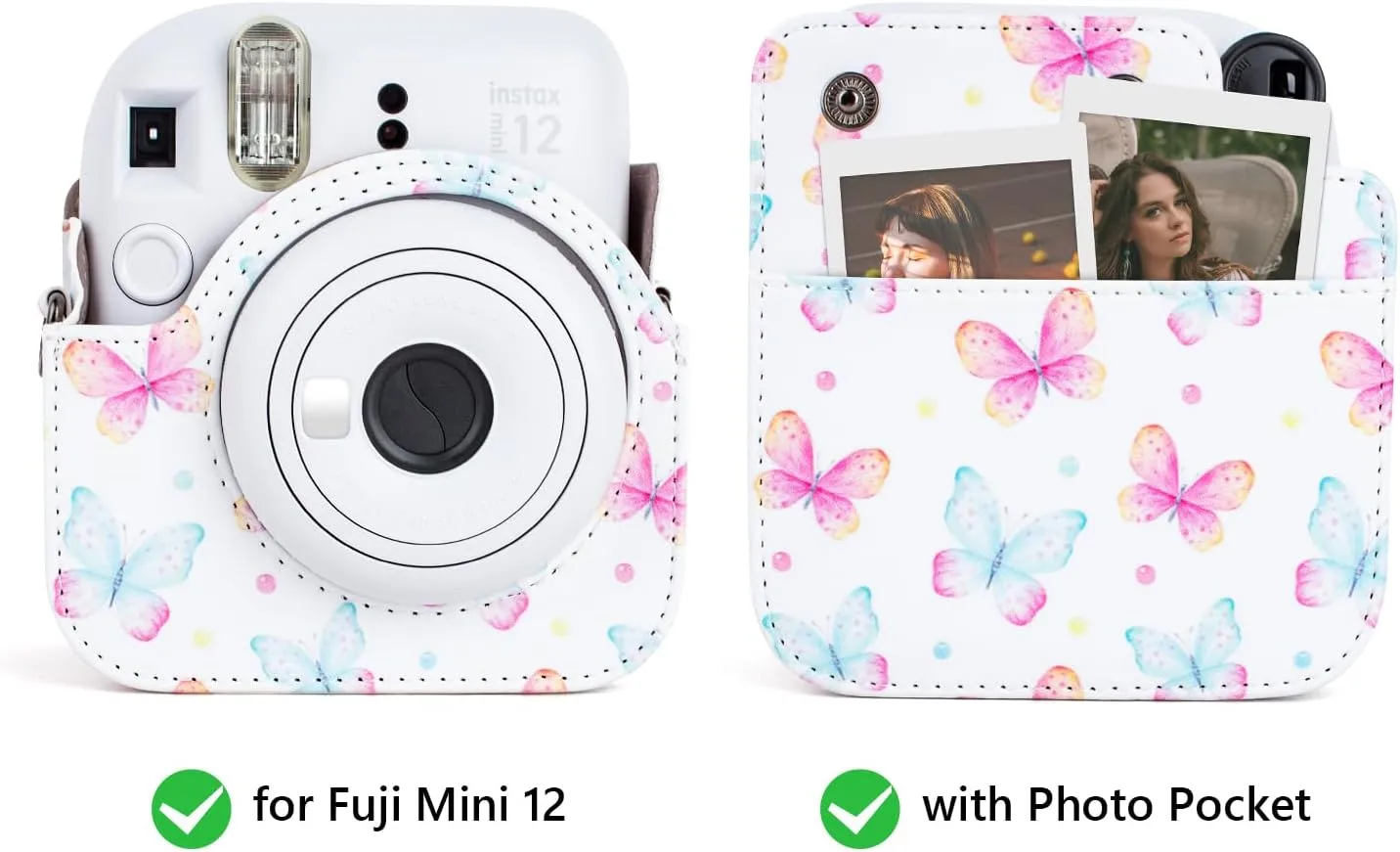 Camera Case Compatible with Fujifilm Instax Mini 12, Polaroid Instax Camera Carry Case Bag with Photo Pocket and Mini Photo Album - Butterfly Pink