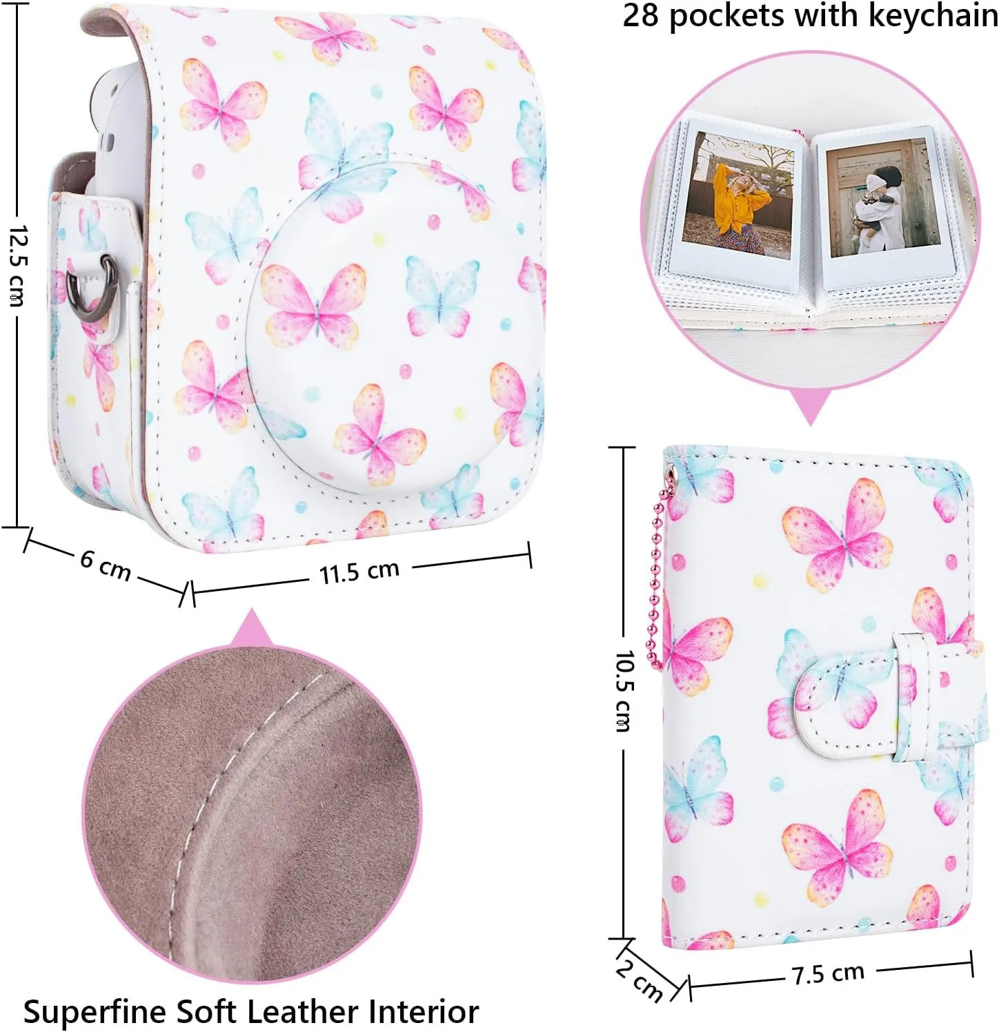 Camera Case Compatible with Fujifilm Instax Mini 12, Polaroid Instax Camera Carry Case Bag with Photo Pocket and Mini Photo Album - Butterfly Pink
