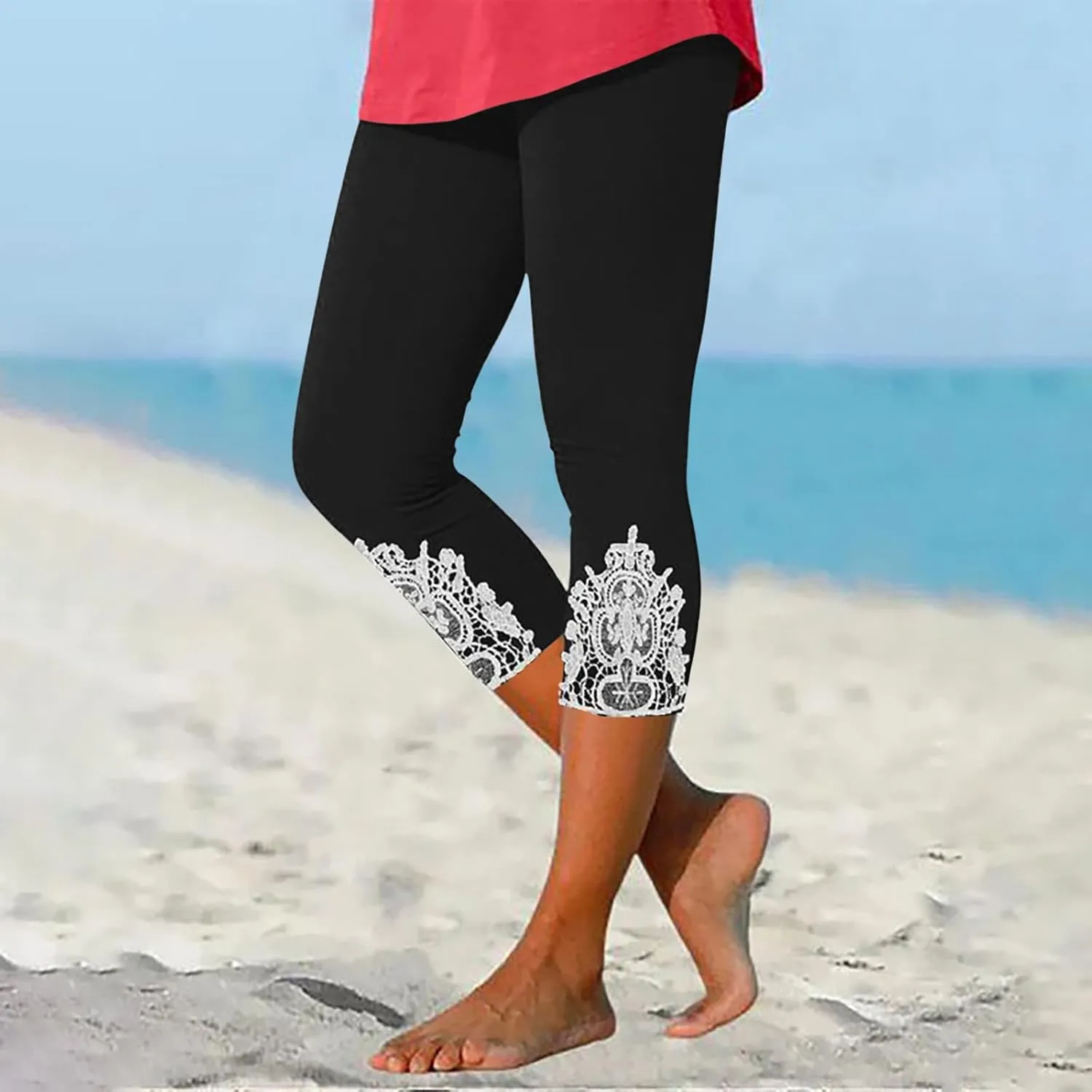 Capri Leggings for Women 2025 Summer Lace Stitching Beach Pants Elastic High Waisted Stretch Soft Cropped Trousers