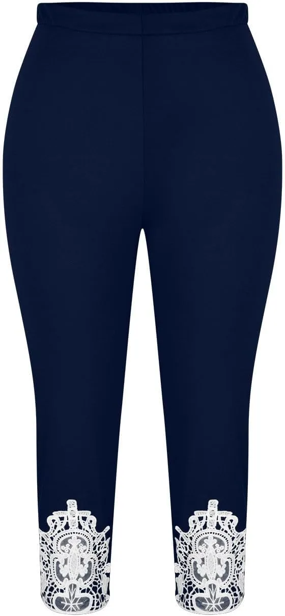 Capri Leggings for Women 2025 Summer Lace Stitching Beach Pants Elastic High Waisted Stretch Soft Cropped Trousers