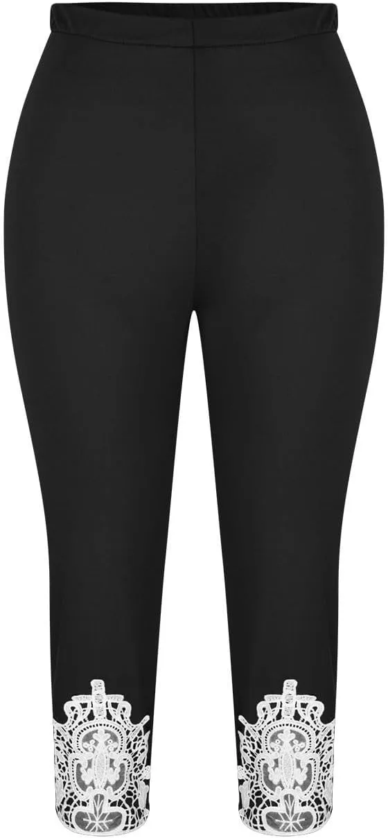 Capri Leggings for Women 2025 Summer Lace Stitching Beach Pants Elastic High Waisted Stretch Soft Cropped Trousers
