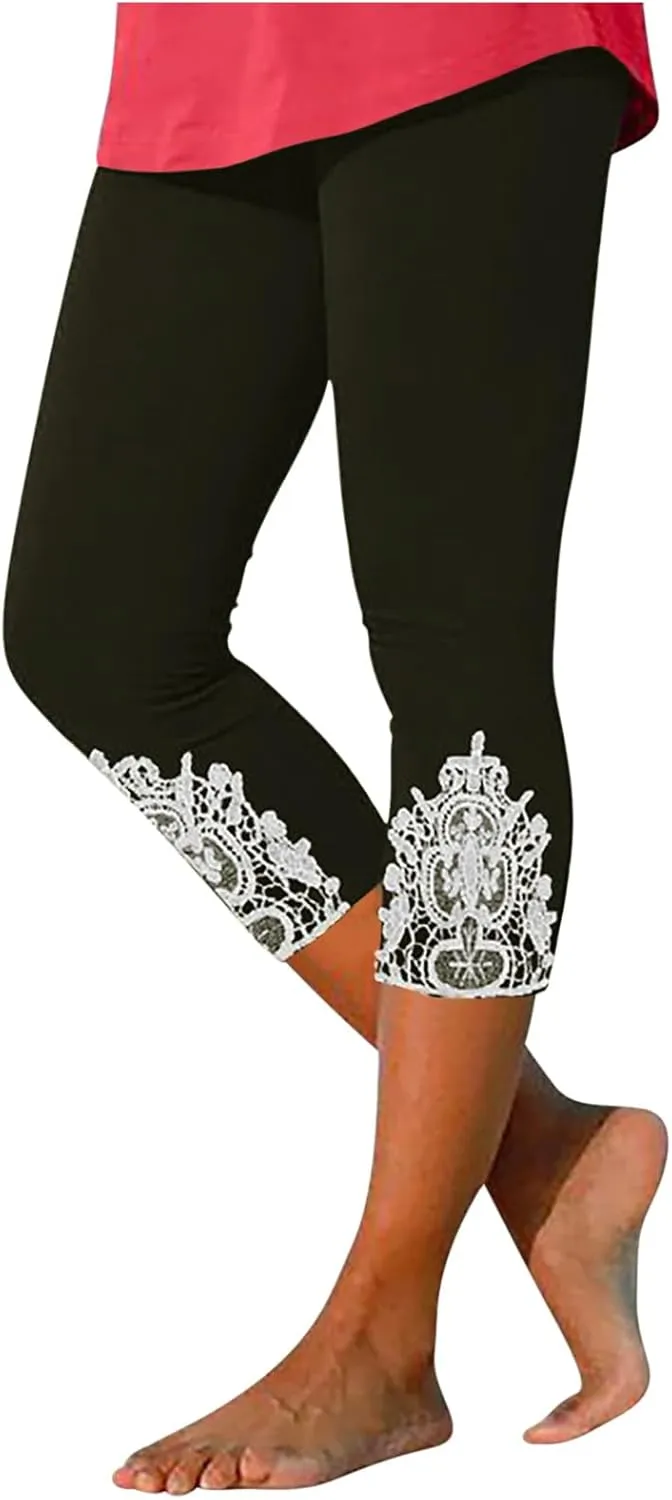 Capri Leggings for Women 2025 Summer Lace Stitching Beach Pants Elastic High Waisted Stretch Soft Cropped Trousers
