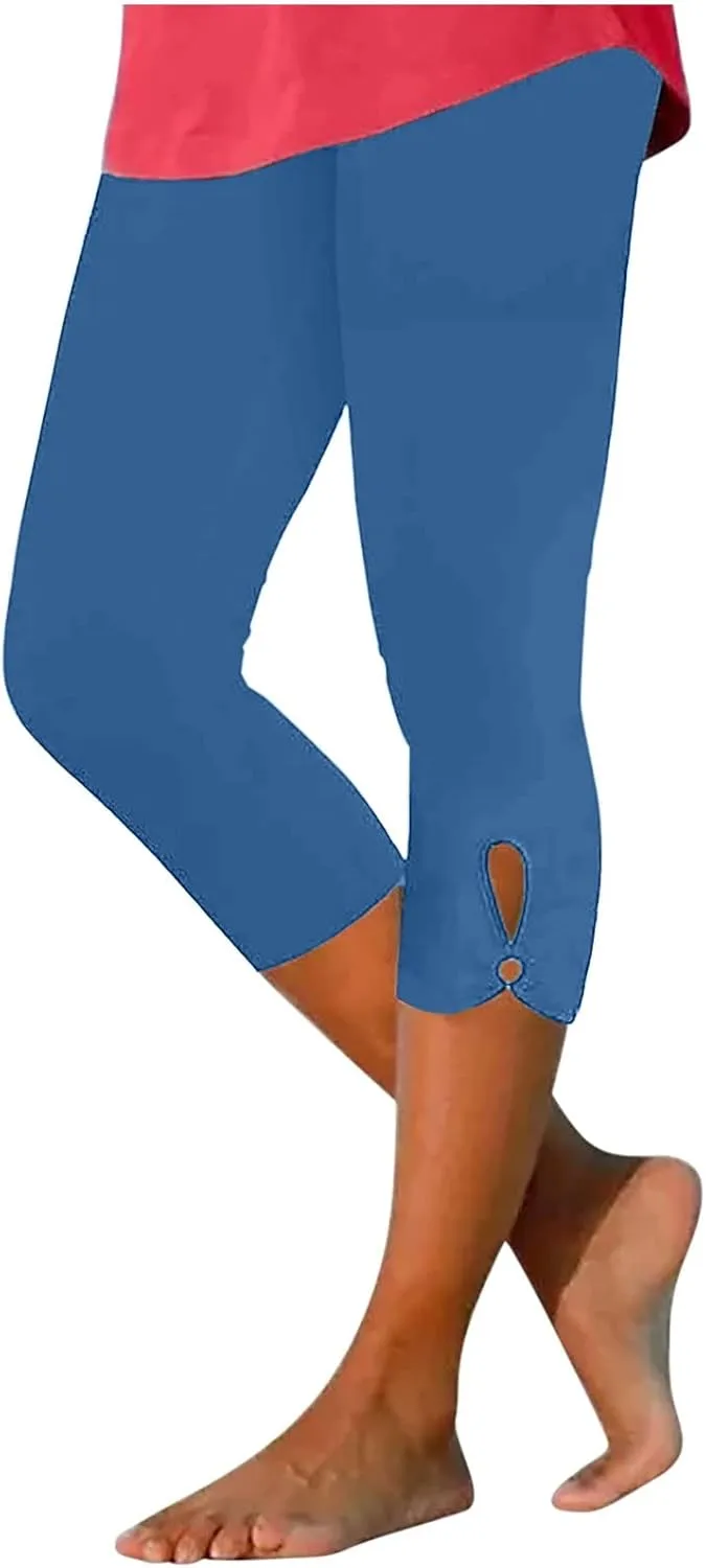 Capri Leggings for Women 2025 Summer Lace Stitching Beach Pants Elastic High Waisted Stretch Soft Cropped Trousers