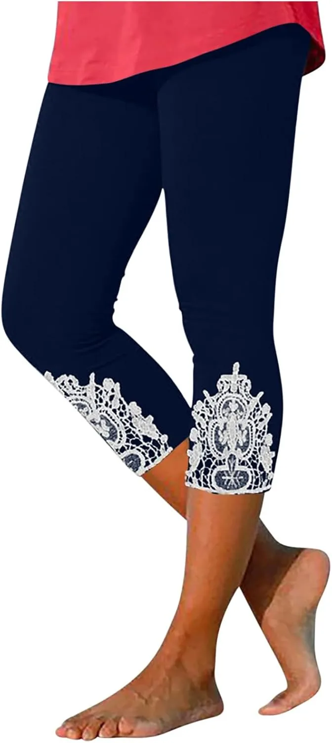 Capri Leggings for Women 2025 Summer Lace Stitching Beach Pants Elastic High Waisted Stretch Soft Cropped Trousers