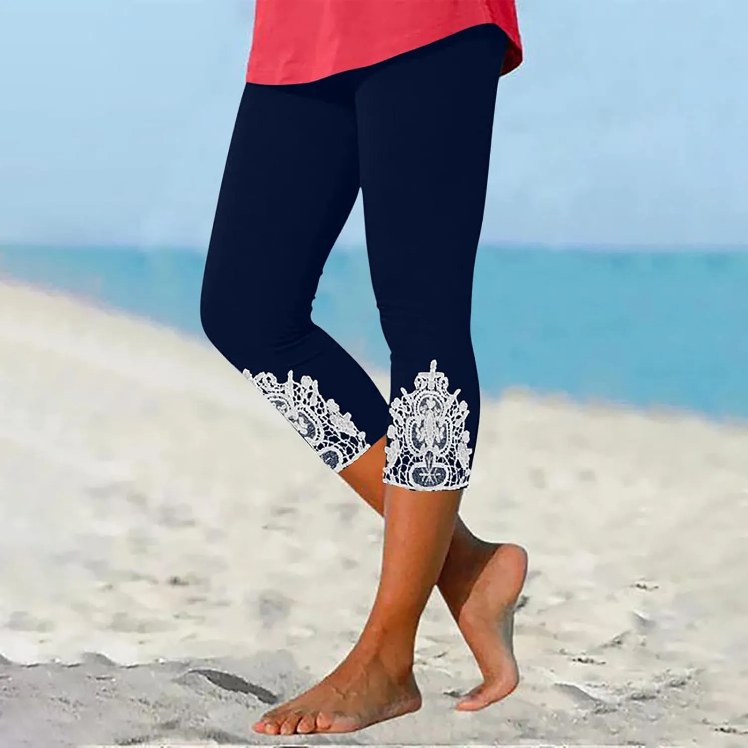 Capri Leggings for Women 2025 Summer Lace Stitching Beach Pants Elastic High Waisted Stretch Soft Cropped Trousers