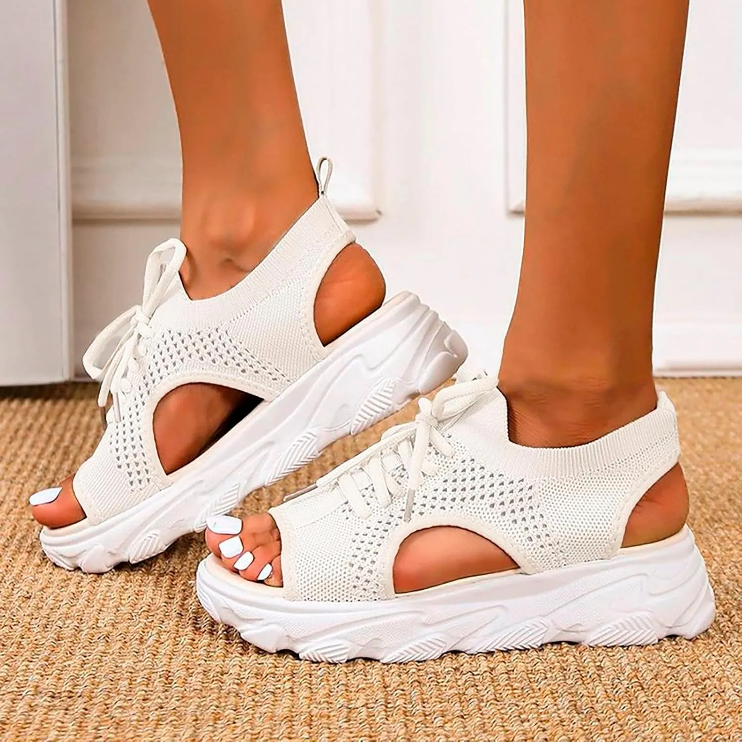 Cathalem Open Toe Sneakers for Women Wedges Platform Fish Mouth Sneakers Open Toe Slip on Sandals Lace Up Knit Mesh Walking