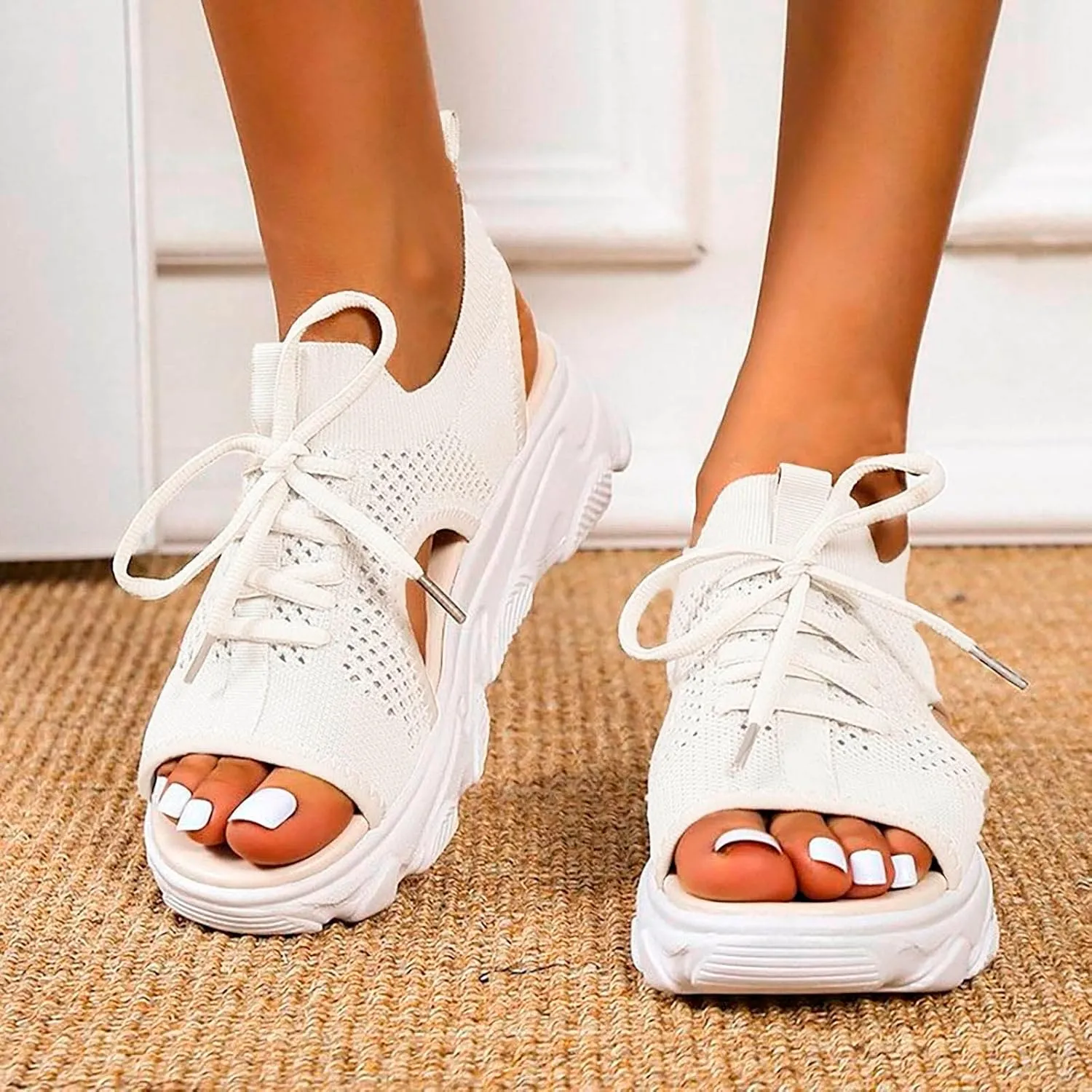Cathalem Open Toe Sneakers for Women Wedges Platform Fish Mouth Sneakers Open Toe Slip on Sandals Lace Up Knit Mesh Walking