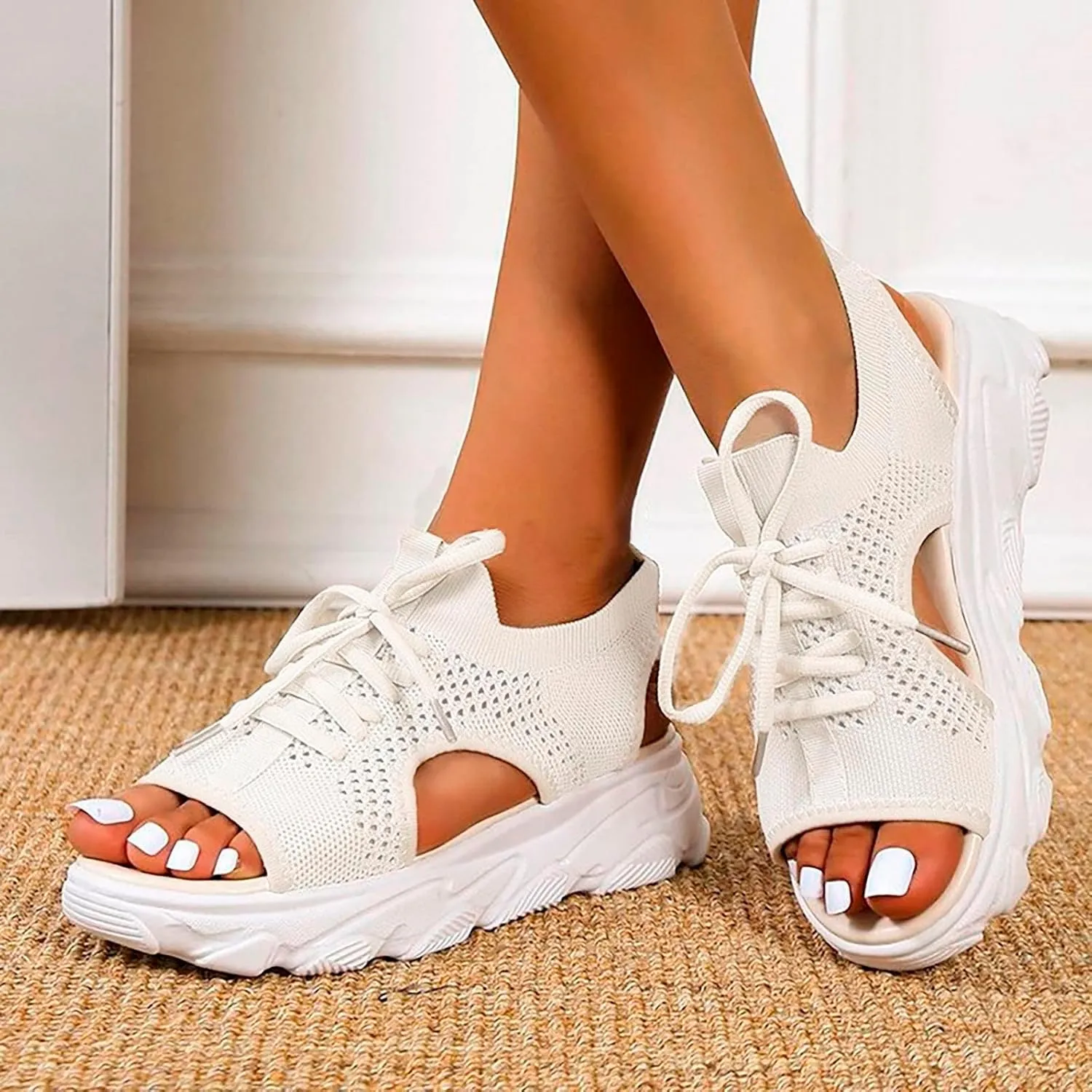 Cathalem Open Toe Sneakers for Women Wedges Platform Fish Mouth Sneakers Open Toe Slip on Sandals Lace Up Knit Mesh Walking
