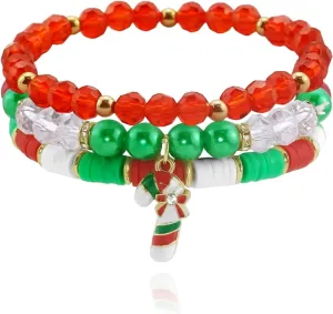 Christmas Bracelets for Women White Red Green Disc Clay Beaded Stretch Xmas Bracelets Christmas Heishi Bracelets Christmas Stackable Layering Friendship Bracelets for Women