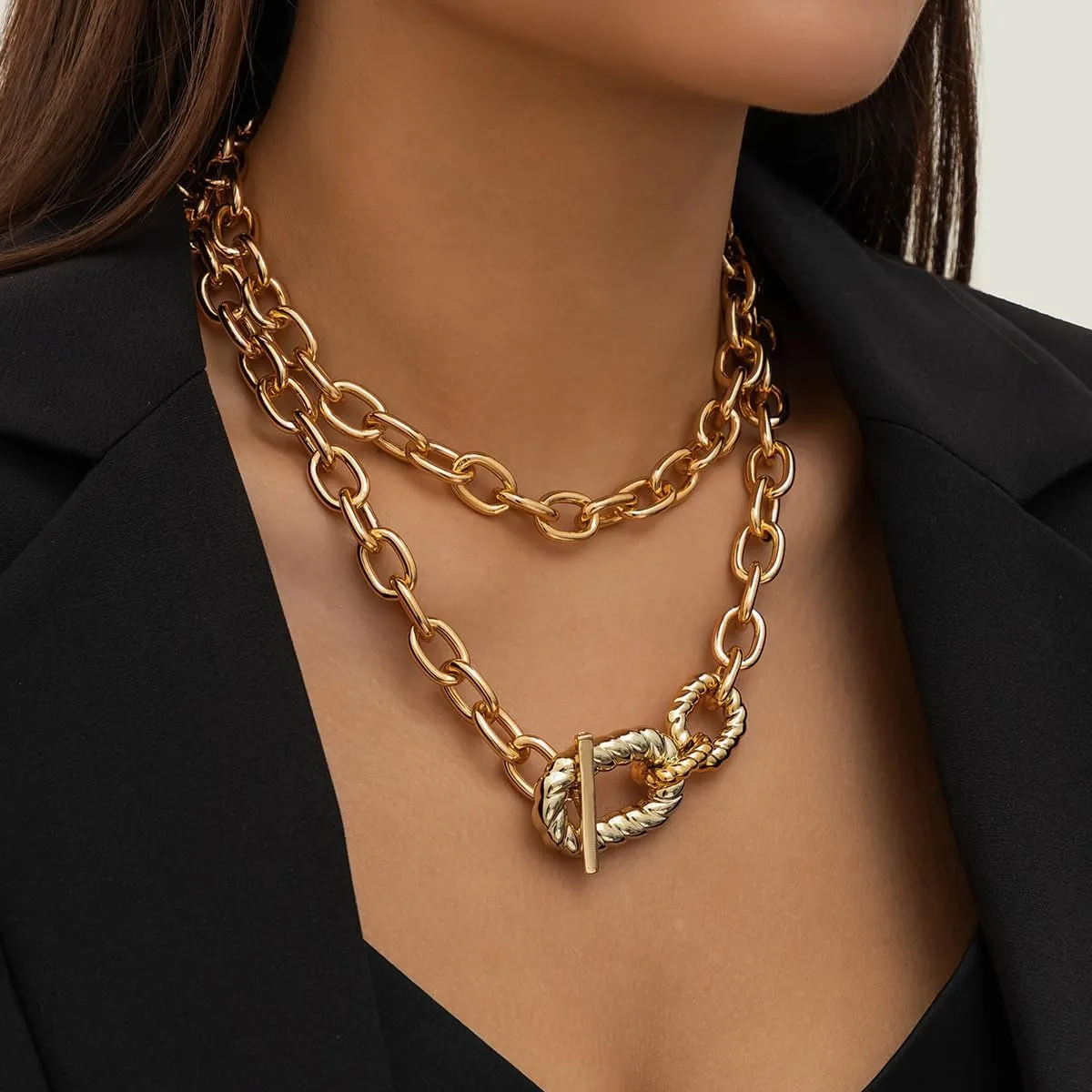 Chunky Gold Layered Necklaces for Men Women Trendy Retro Coin Pendant Gold Necklace Dainty Chunky Link Chain Choker Necklaces Jewelry