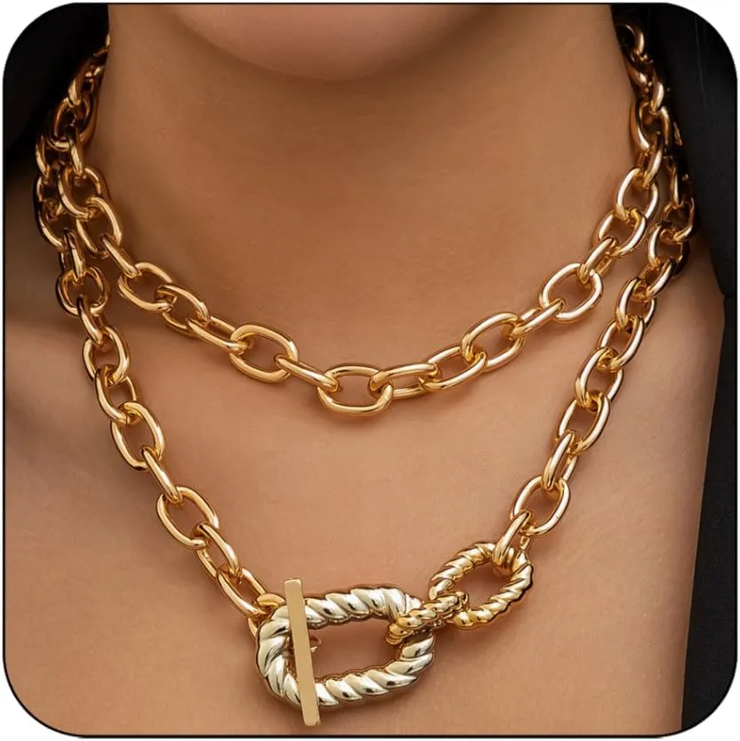 Chunky Gold Layered Necklaces for Men Women Trendy Retro Coin Pendant Gold Necklace Dainty Chunky Link Chain Choker Necklaces Jewelry