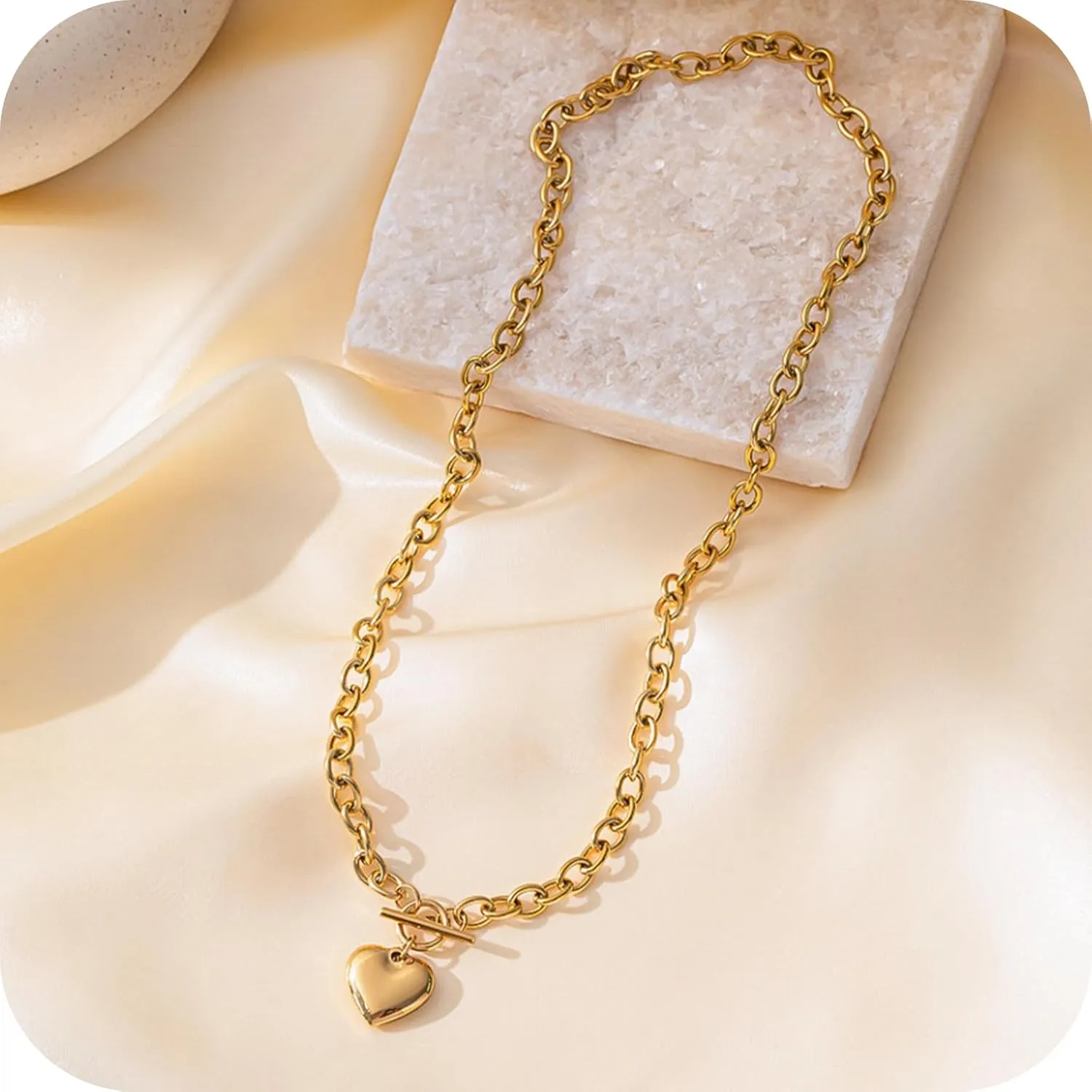 Chunky Paperclip Chain Heart Necklace for Women, Puffy Gold Heart Pendant Necklaces Gifts On Birthday Holidays for Women