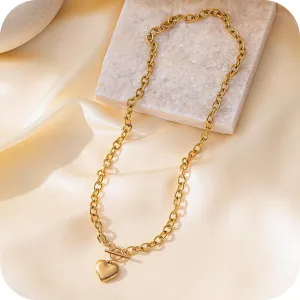 Chunky Paperclip Chain Heart Necklace for Women, Puffy Gold Heart Pendant Necklaces Gifts On Birthday Holidays for Women