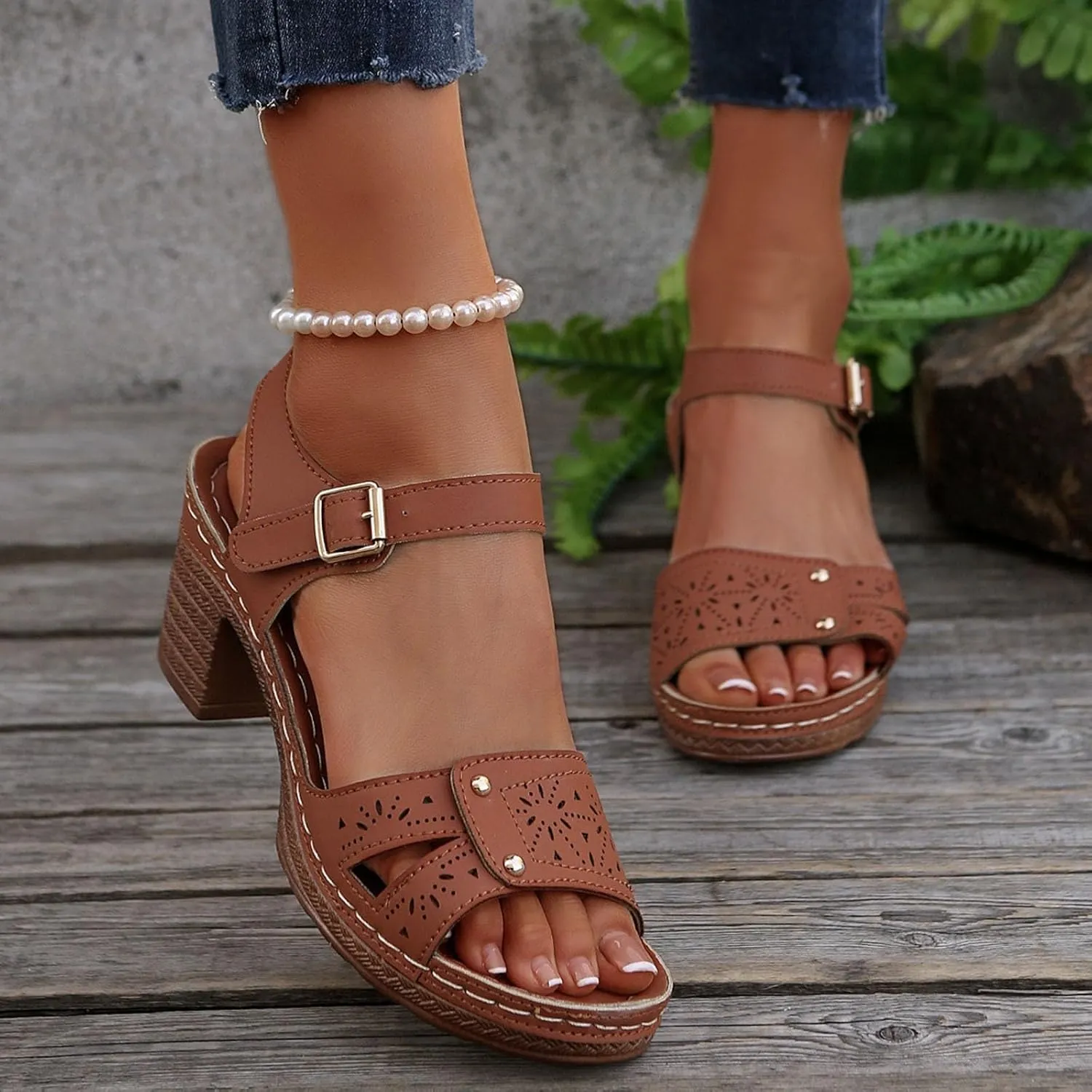 Chunky Sandals for Women Dressy Low Wedge Heels Sandal Comfortable Platform Summer Casual Shoes Arch Support Ankle Strap Wedge Sandals Hollow Out Open Toe Breathable Shoe