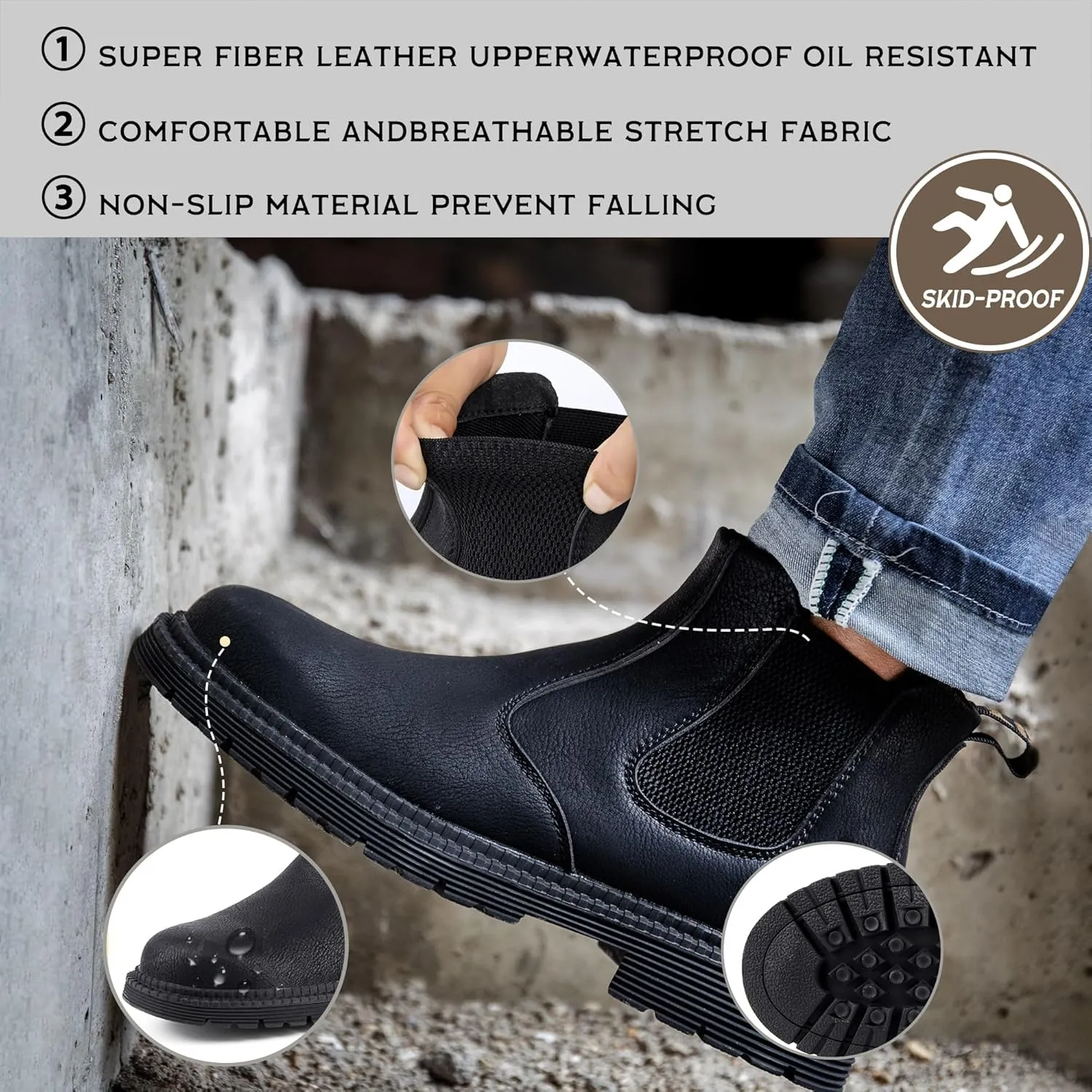 CJSPORX Men's Steel Toe Work Boots Anti-Skid Safety Shoes Leather Waterproof Work Shoes