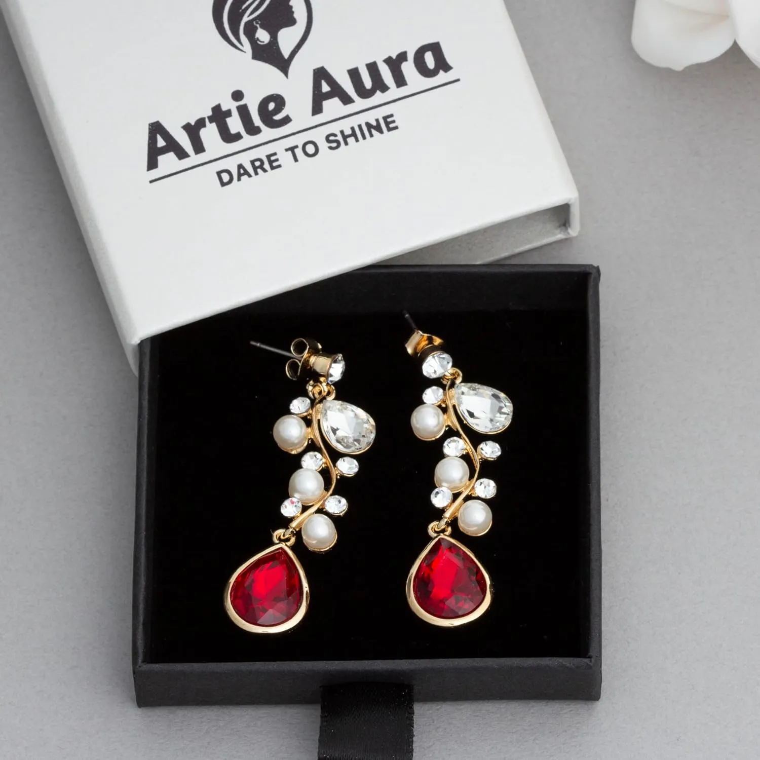 Classic Gold Chandelier Teardrop Earrings - Colored Gem with Imitation Pearls and Stone Dangle Earring - Sophisticated Fashion Statement Jewelry