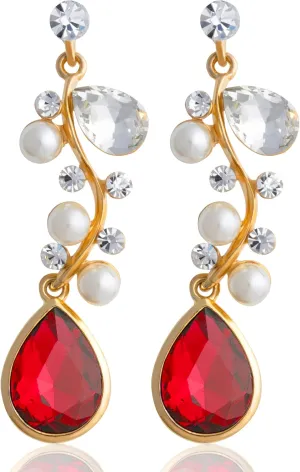 Classic Gold Chandelier Teardrop Earrings - Colored Gem with Imitation Pearls and Stone Dangle Earring - Sophisticated Fashion Statement Jewelry