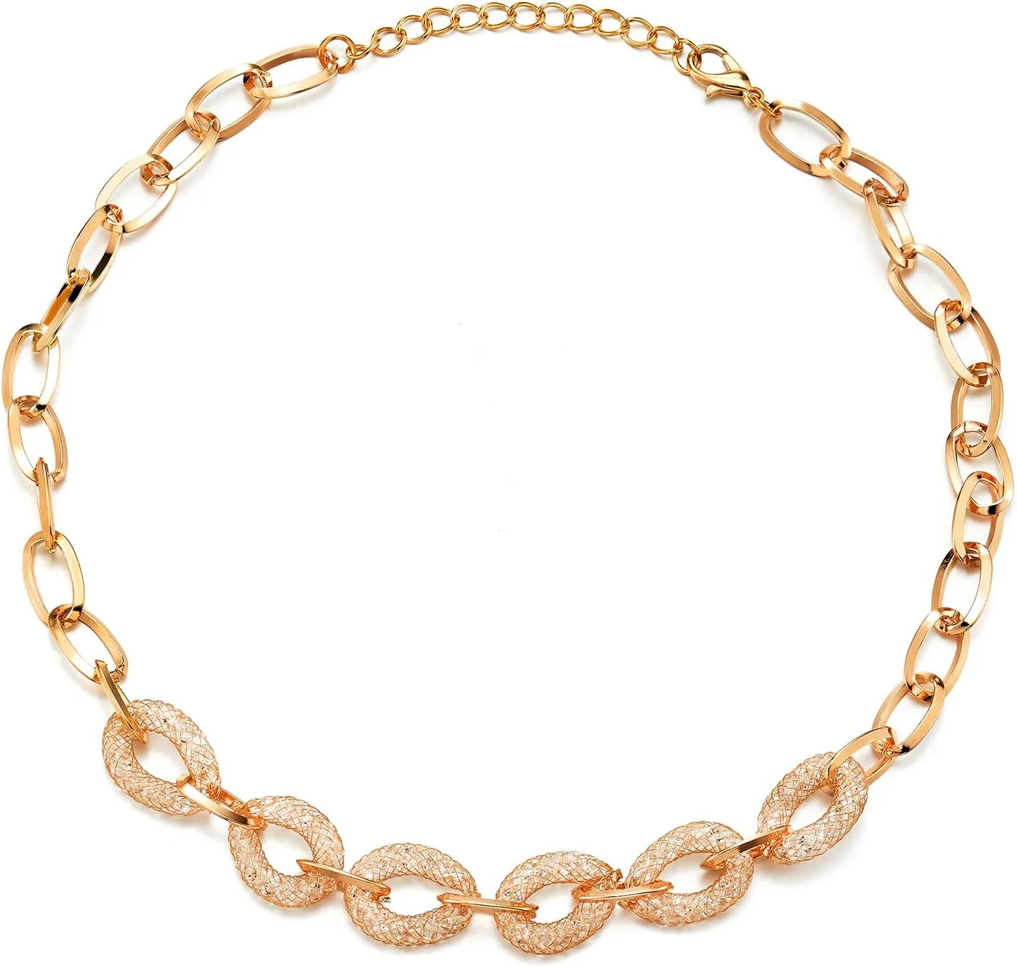 COOLSTEELANDBEYOND Fashion Gold Color Choker Collar Statement Necklace, Oval Link Chain, Rhinestone Wire Mesh Charms