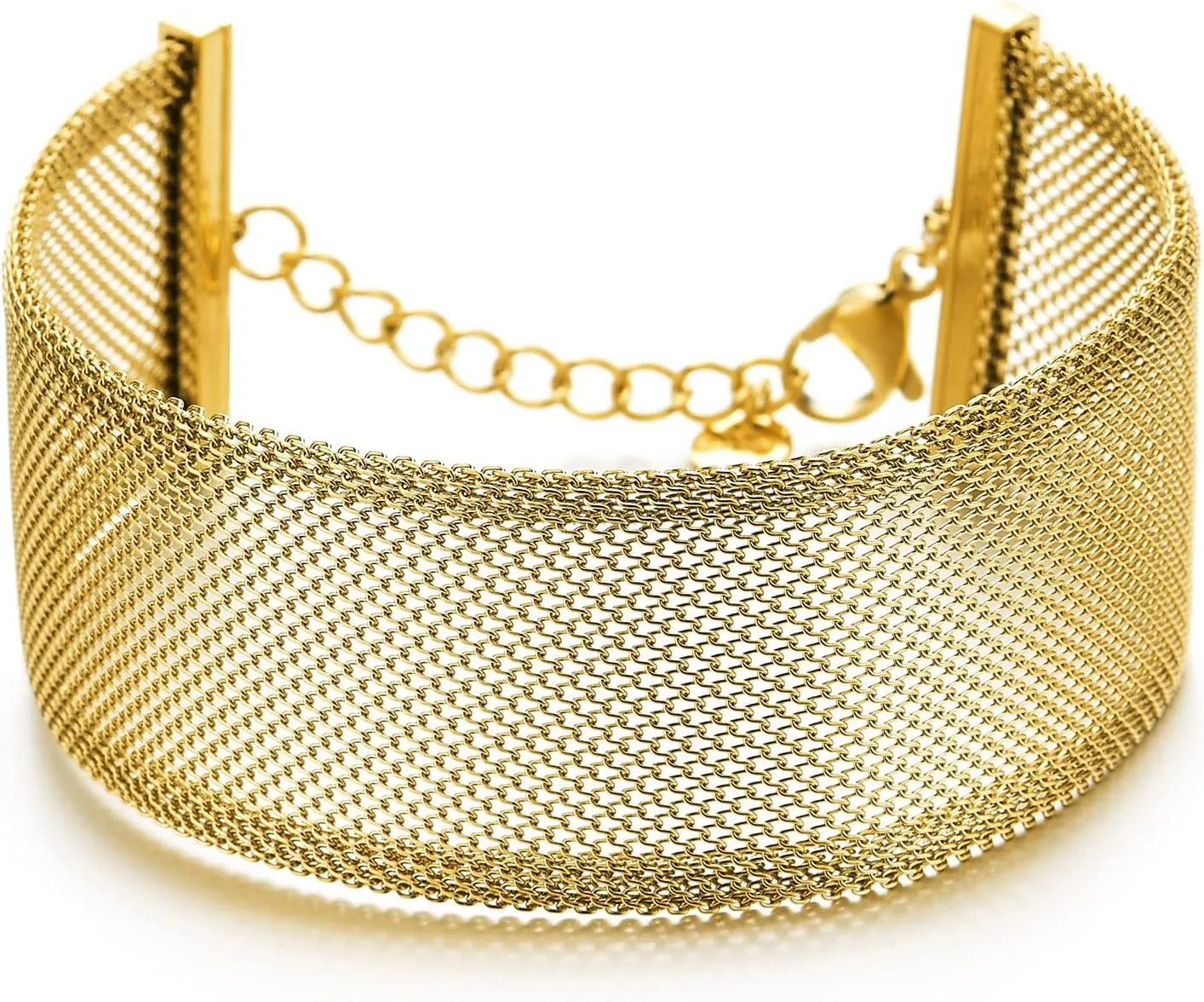 COOLSTEELANDBEYOND Wide Gold-Tone Mesh Cuff Bracelet Steel, Adjustable Chain Link, Modern Minimalist Statement Jewelry