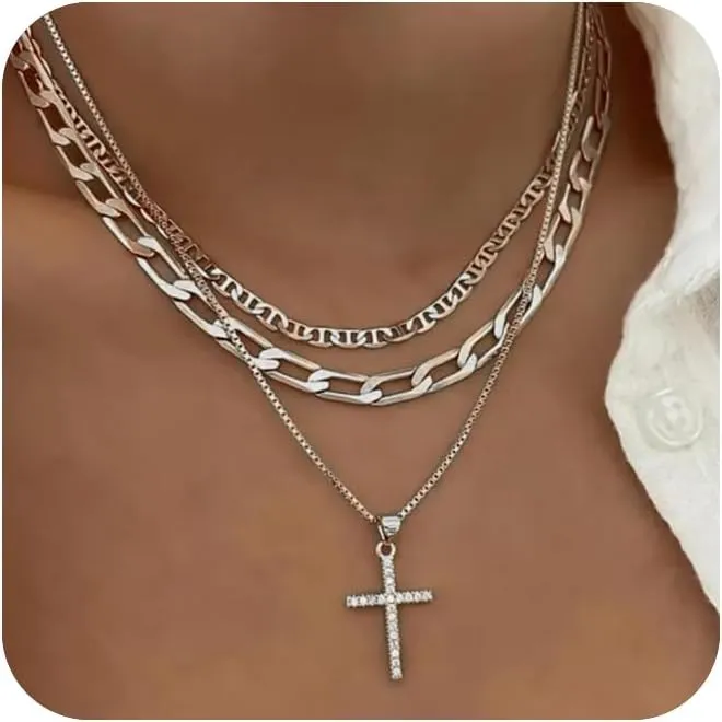 Cross Necklace for Women,Stackable Stacked Stacking Layering Layered Necklaces Dainty Gold Necklace Paperclip Box Flat Mariner Chain Necklace Cross Pendant CZ Diamond Simple Jewelry Gift