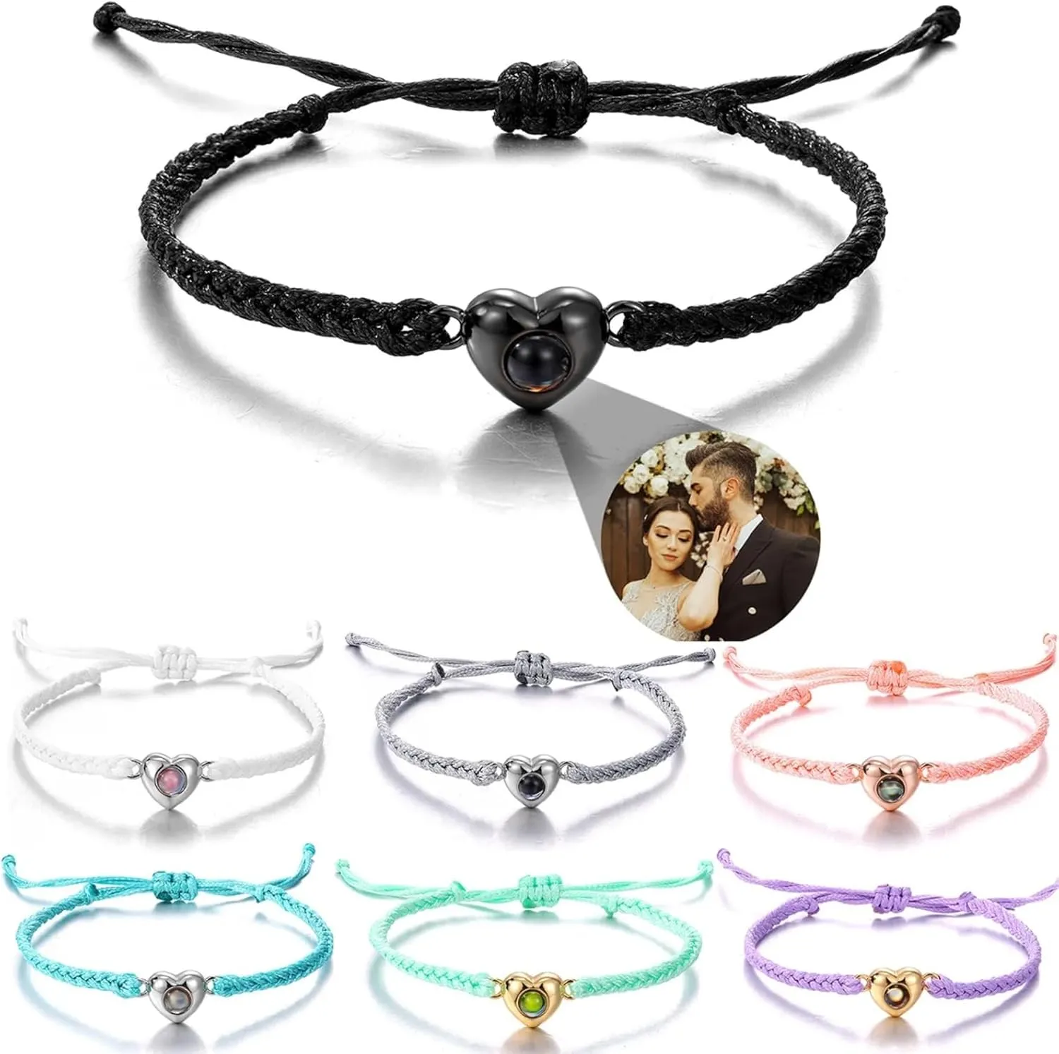 Custom Bracelets,bracelet with Picture Inside,Heart Shape Pendant Photo Projection Bracelet,personalized Braided Rope Memorial Photo Projection Bracelet,for Christmas Birthday Custom Gifts