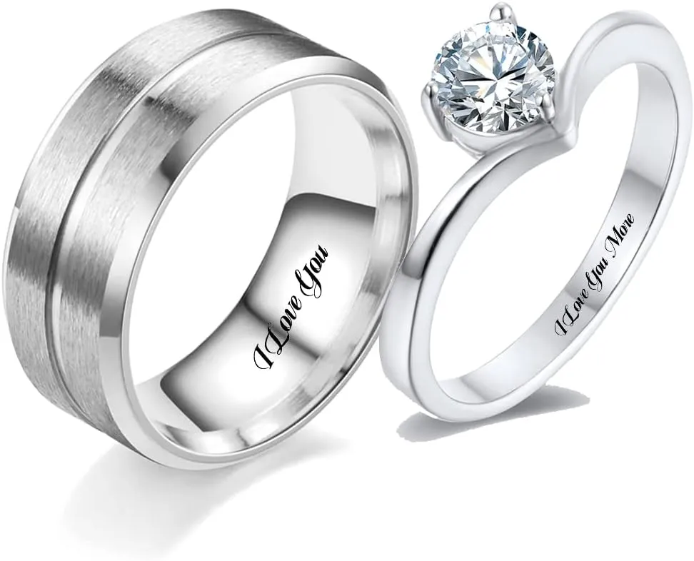 Custom Engraved Rings for Couples Promise Rings for Him and Her Set Matching Wedding Rings for Couples Set Stainless Steel Mens Tungsten Carbide Wedding Bands CZ Engagement Rings for Women