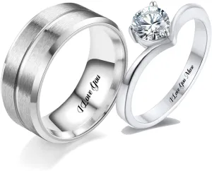 Custom Engraved Rings for Couples Promise Rings for Him and Her Set Matching Wedding Rings for Couples Set Stainless Steel Mens Tungsten Carbide Wedding Bands CZ Engagement Rings for Women