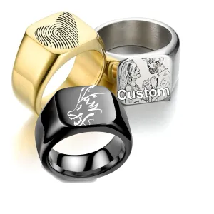 Customizable Photo Signet Rings for Couples Men Engraved Patterns Text Rings 14mm Square Bands for Best Friends Promise Birthday Titanium Steel (1PC)