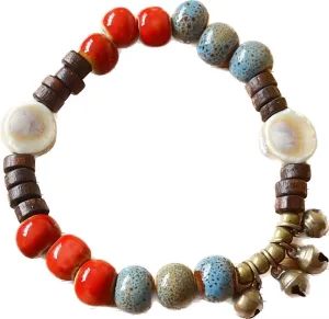 Cute Beaded Bracelets for Women,8mm (0.315") Round Ceramic Bohemian Hand Chain with Bell Vintage Native American Jewelry for Ladies Stylish Chic Elastic Beautiful Funky Hippie Accessories