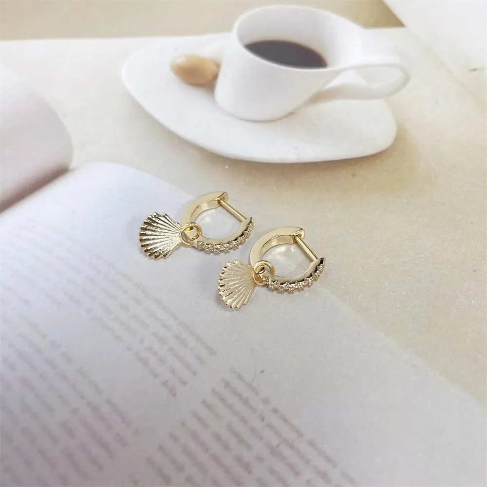 Cute Seashell CZ Huggie Small Hoop Earrings Dangle Drop for Women Sterling Silver Post Stud 14K Gold Filled Boho Shell Beach Simple Charm Hoops Delicate Hypoallergenic Summer Jewelry Gift 8mm