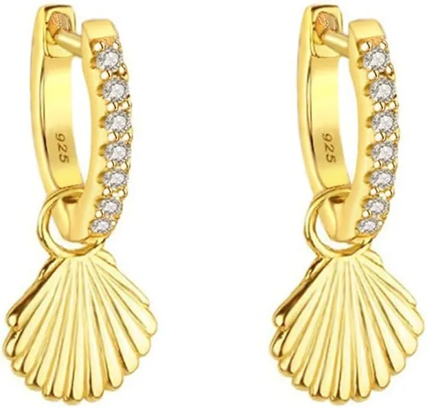 Cute Seashell CZ Huggie Small Hoop Earrings Dangle Drop for Women Sterling Silver Post Stud 14K Gold Filled Boho Shell Beach Simple Charm Hoops Delicate Hypoallergenic Summer Jewelry Gift 8mm