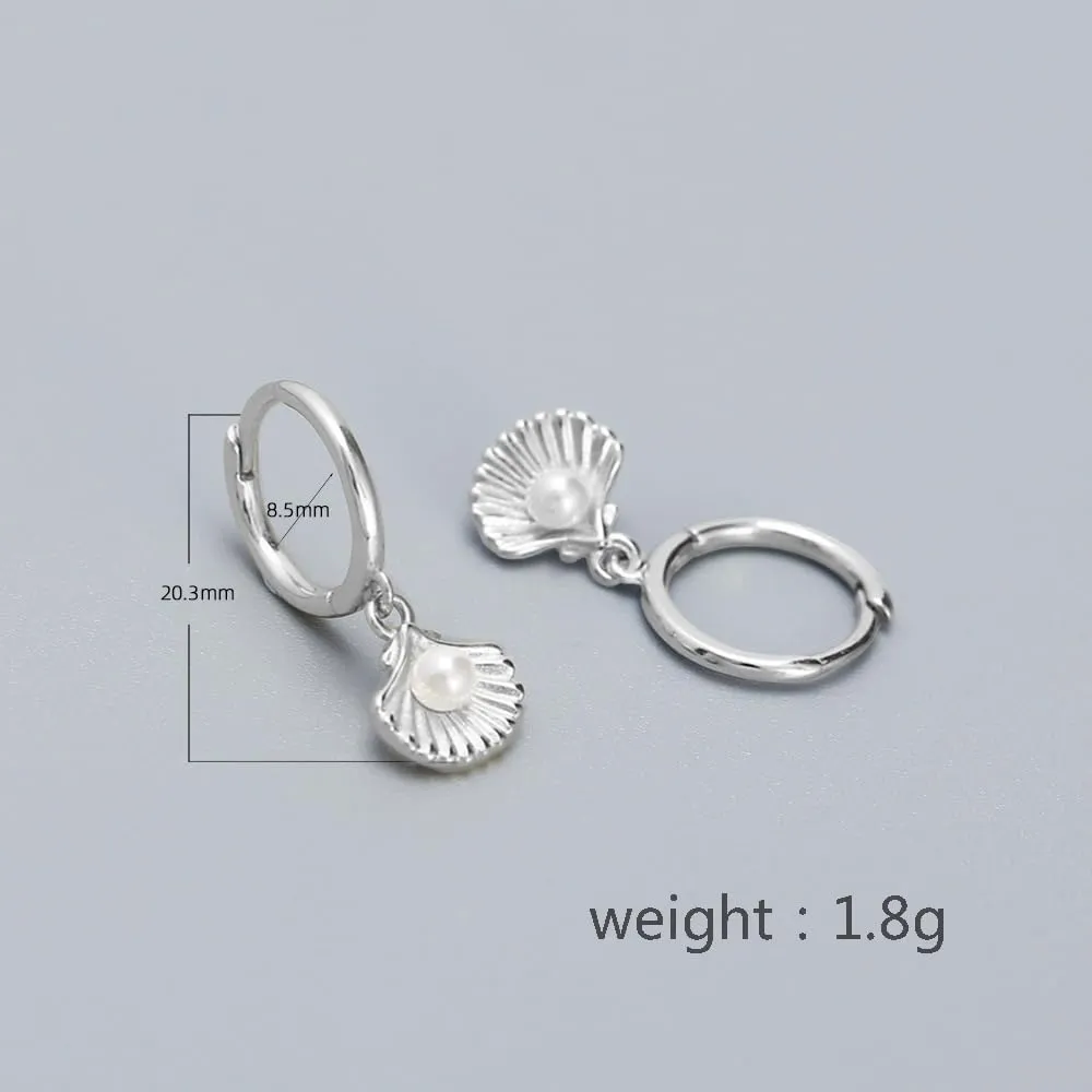 Cute Shell Pearl Huggie Small Hoop Earrings Dangle Drop for Women Teen Girls 925 Sterling Silver 14K Gold Filled Boho Beach Simple Charm Hoops Delicate Hypoallergenic Summer Jewelry Gift Daughter