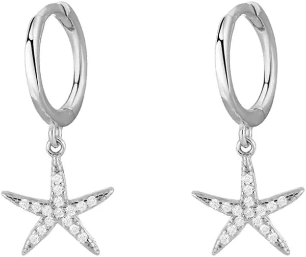 Cute Starfish CZ Huggie Small Hoop Earrings Dangle Drop for Women Minimalist Sterling Silver Post 14K Gold Filled Boho Beach Simple Charm Hoops Delicate Hypoallergenic Summer Jewelry Gift