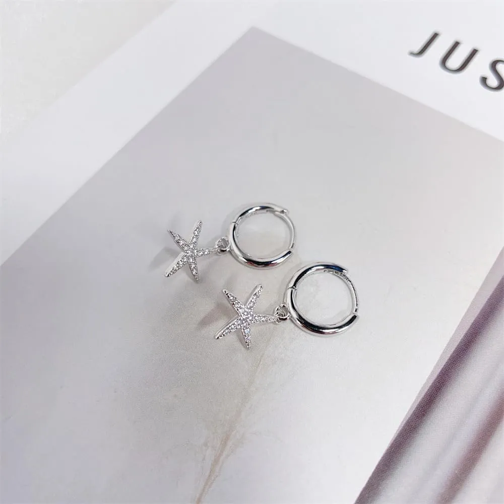 Cute Starfish CZ Huggie Small Hoop Earrings Dangle Drop for Women Minimalist Sterling Silver Post 14K Gold Filled Boho Beach Simple Charm Hoops Delicate Hypoallergenic Summer Jewelry Gift