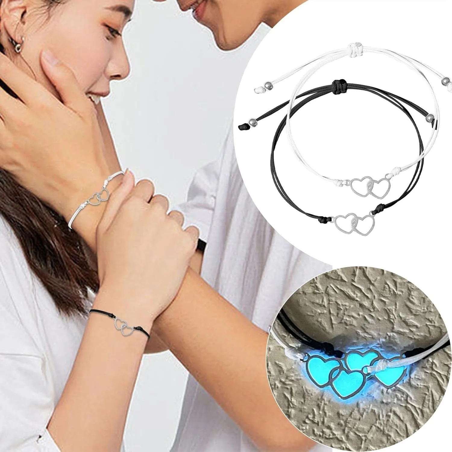 Dainty Boho Punk Tennis Bracelets for Women Girl Heart To Heart Print Double Love Luminous Bracelet Heart To Heart Irradiation Luminous Couple Hand Rope Bracelet Bangle- Link and Italian Jewelry Gifts