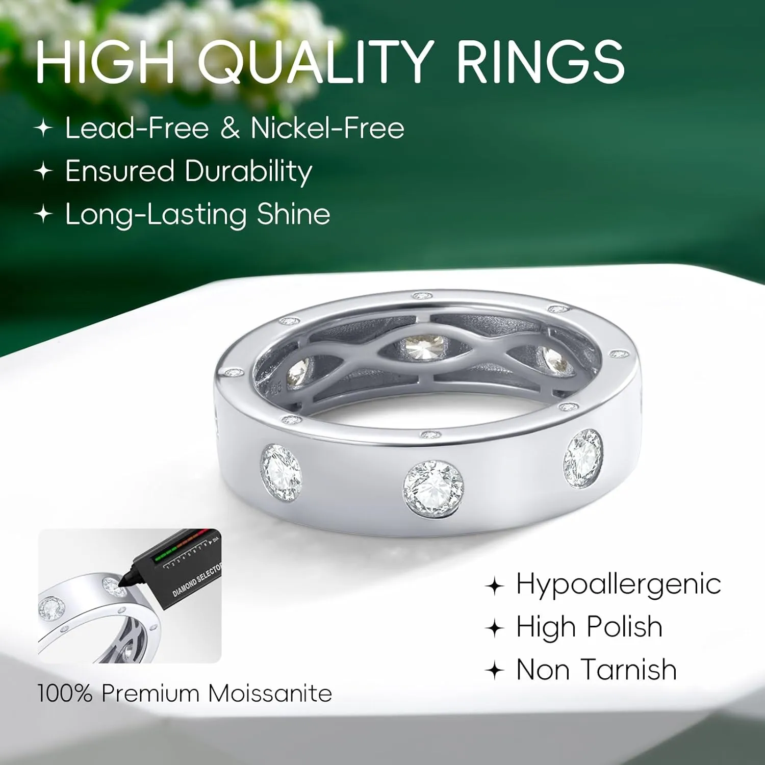 Dainty Eternity Wedding Rings for Women | Moissanite or Lab Grown Emerald 925 Sterling Silver 14K Gold Plated Stackable Band Non Tarnish | Birthday Jewelry Gifts for Her Size 5-10