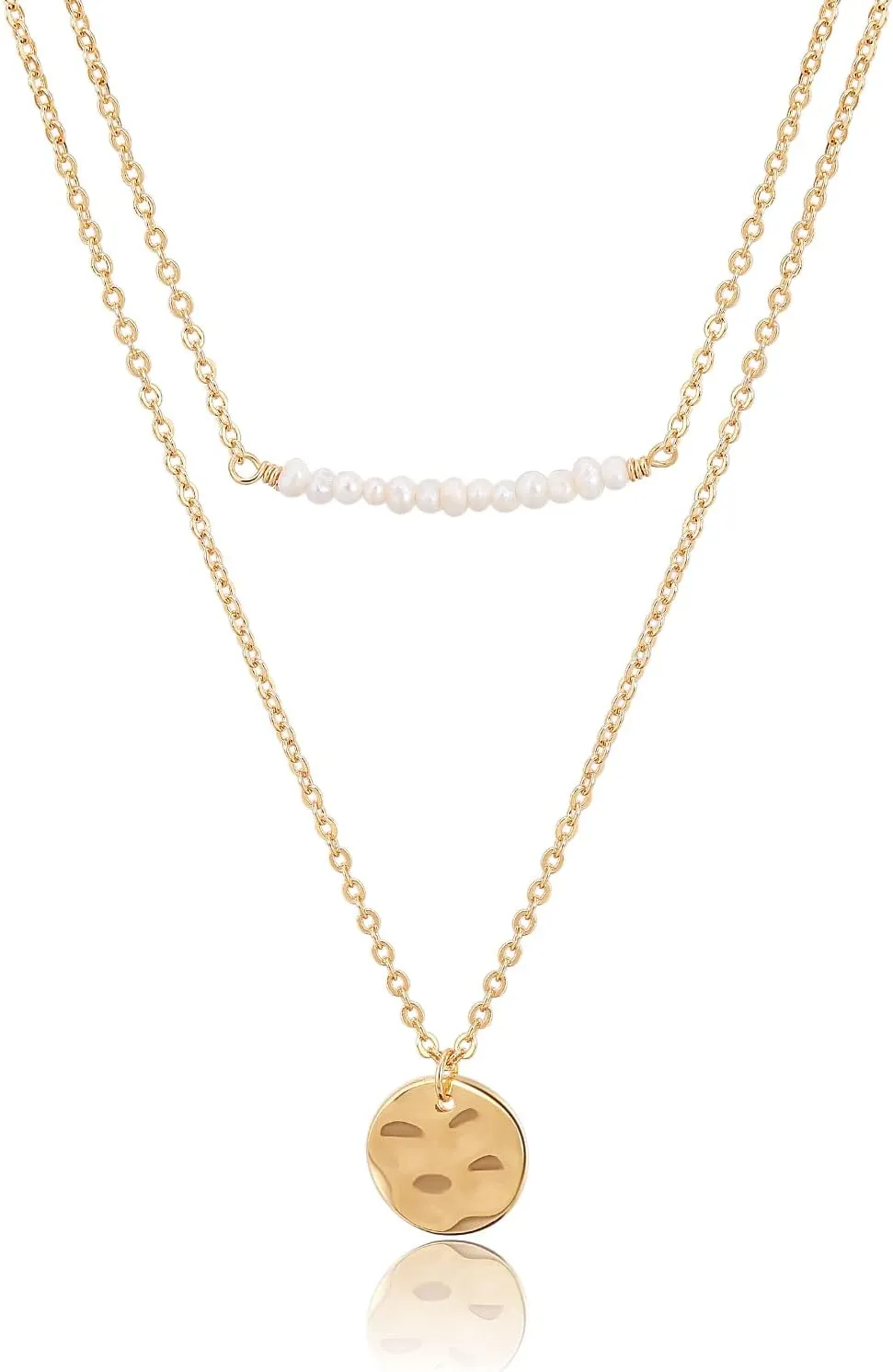 Dainty Layered Choker Necklace,18K Gold Plated Handmade Layering Pearl Bar Disc Pendant Necklaces for Women,Adjustable Chain Necklace Jewelry