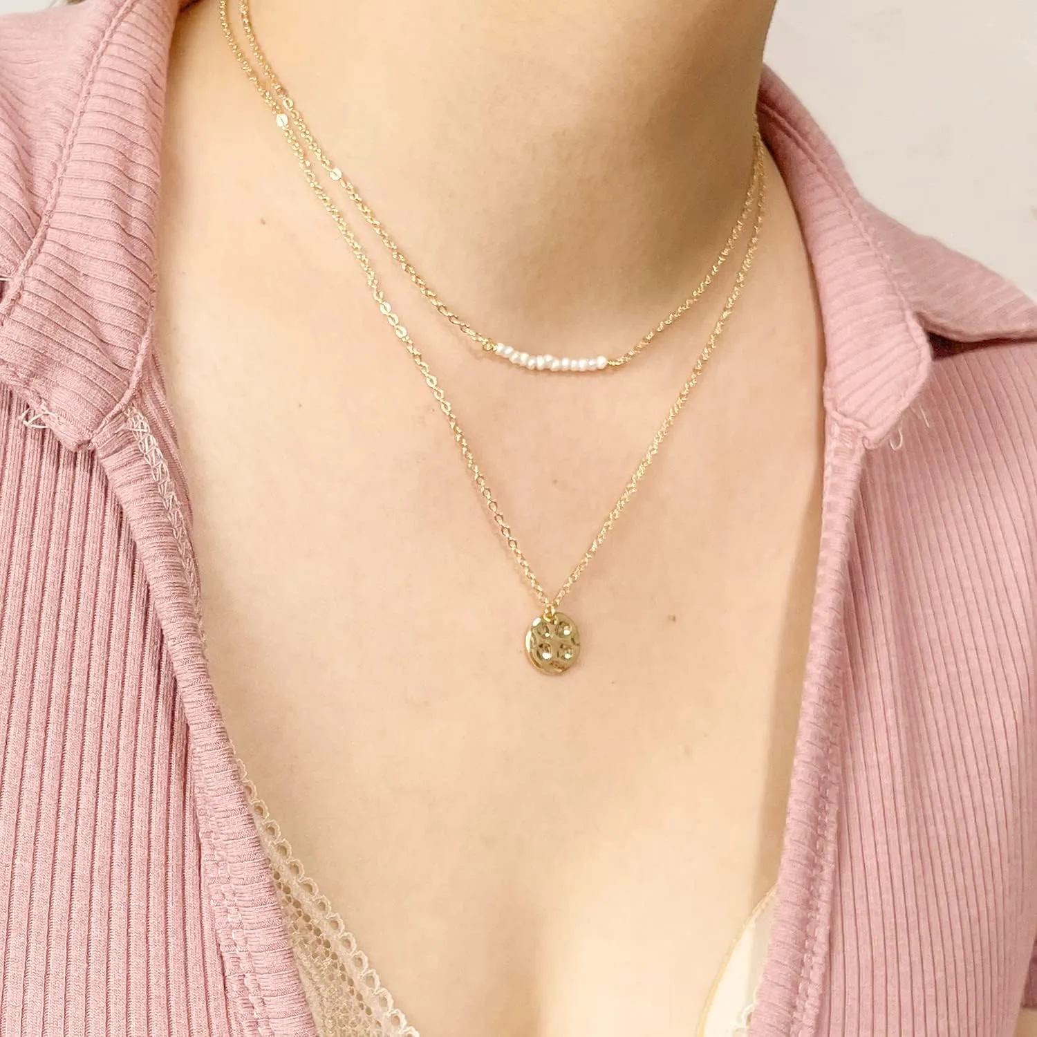 Dainty Layered Choker Necklace,18K Gold Plated Handmade Layering Pearl Bar Disc Pendant Necklaces for Women,Adjustable Chain Necklace Jewelry