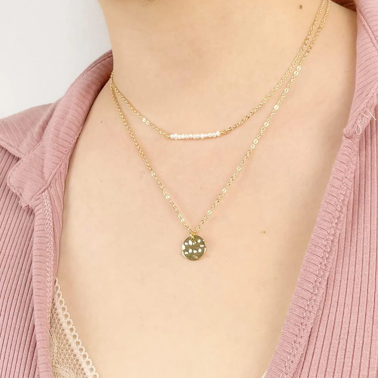 Dainty Layered Choker Necklace,18K Gold Plated Handmade Layering Pearl Bar Disc Pendant Necklaces for Women,Adjustable Chain Necklace Jewelry
