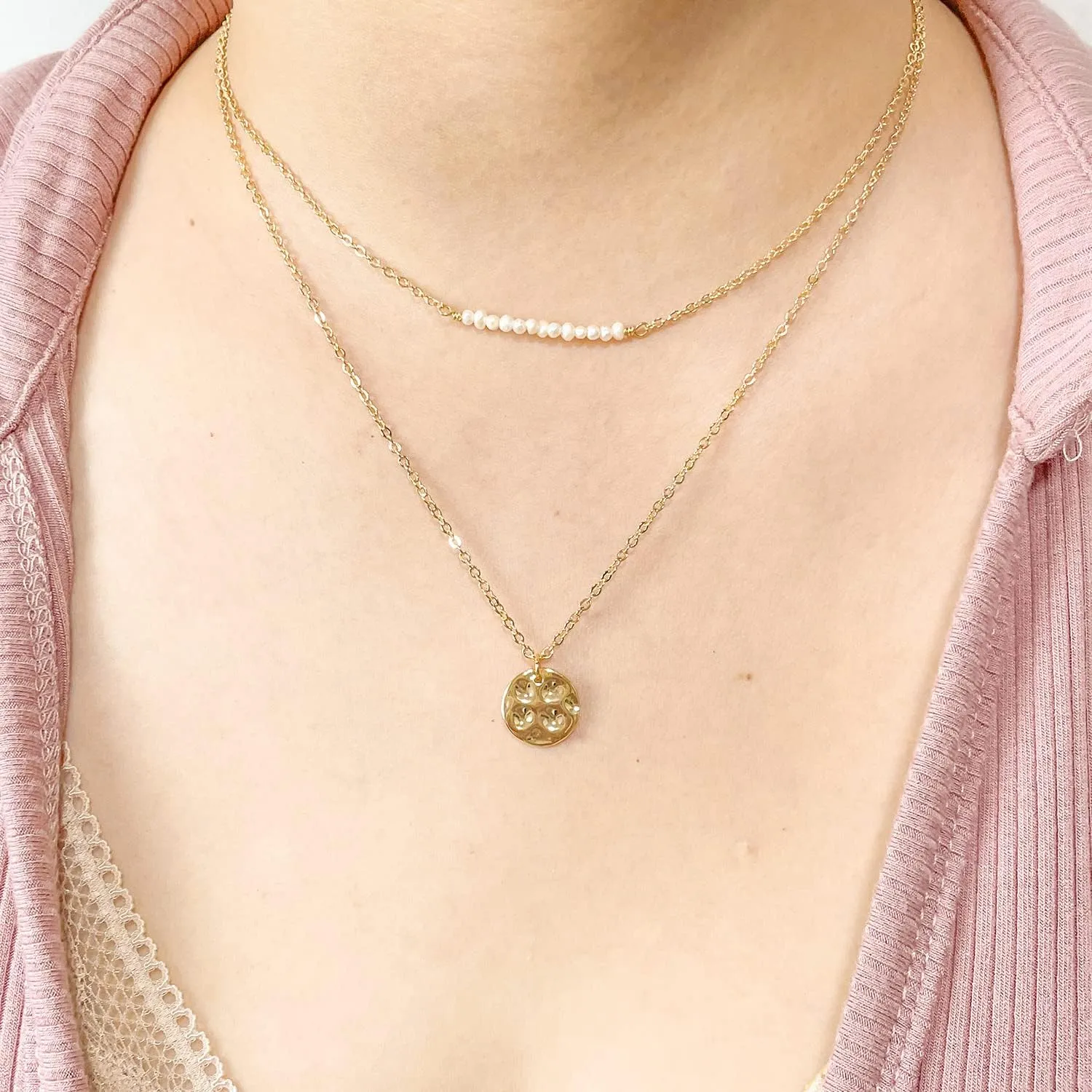 Dainty Layered Choker Necklace,18K Gold Plated Handmade Layering Pearl Bar Disc Pendant Necklaces for Women,Adjustable Chain Necklace Jewelry