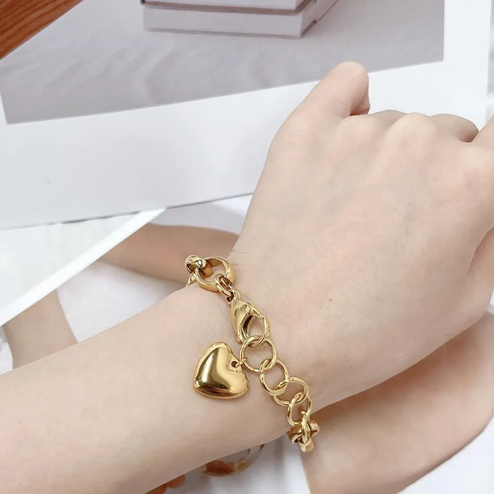 Dainty Link Chain Dangling Heart Charm Bracelet 18K Gold Plated Stainless Steel Delicate for Women Men Love Friendship Promise Love Adjustable Bracelet Minimalist for Her Personalized Gifts