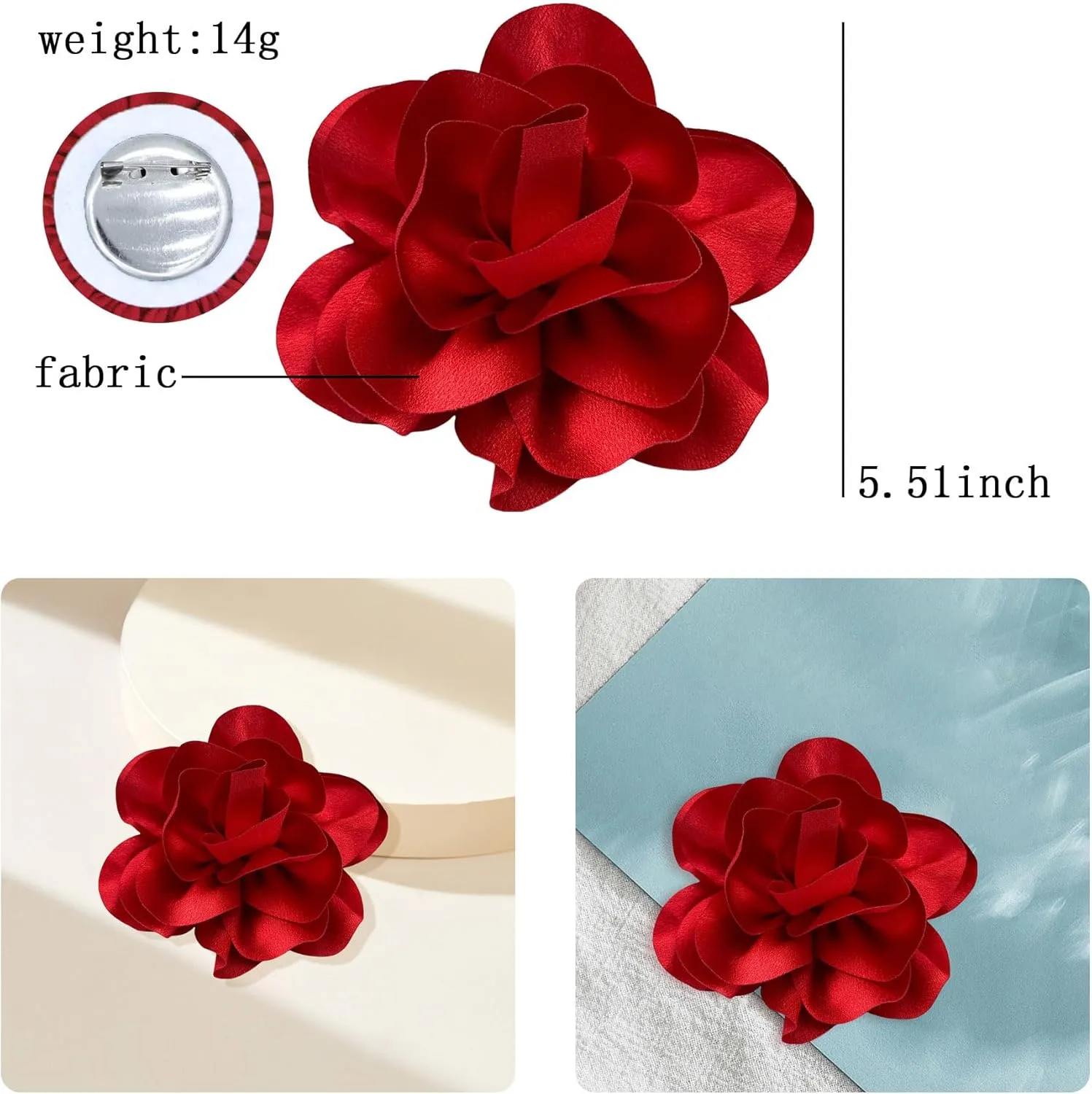 Dainty Satin Fabric Flower Brooches for Women Large Rose Floral Brooch for Party Dance Wedding Banquet Elegant Camellia Fashion Brooch Pin for Women Girl 5.5inch