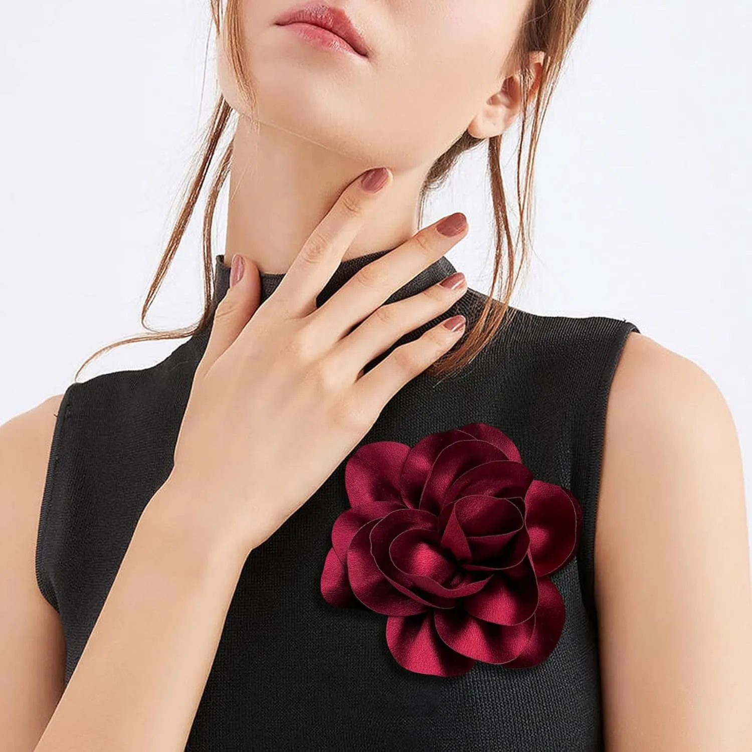 Dainty Satin Fabric Flower Brooches for Women Large Rose Floral Brooch for Party Dance Wedding Banquet Elegant Camellia Fashion Brooch Pin for Women Girl 5.5inch