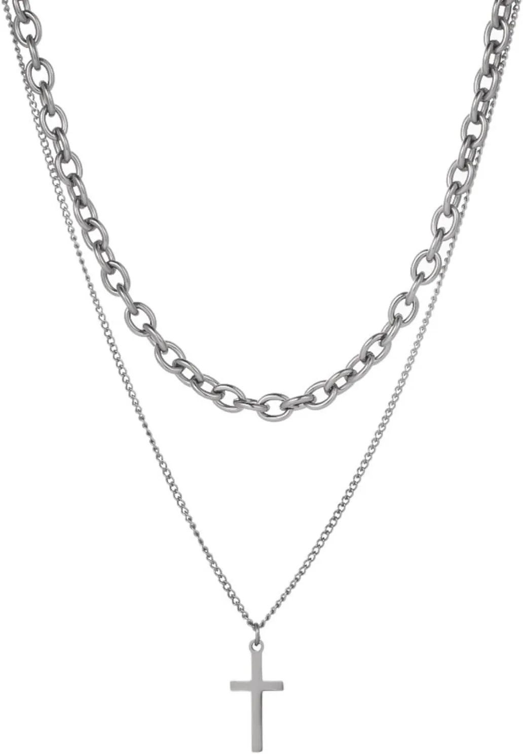 Dainty Silver Layered Necklace Stacking Cross Chain Snake Chain Retro Double Flat Choker Necklace Thin Chunky Chain Gift for Her with Gift Box