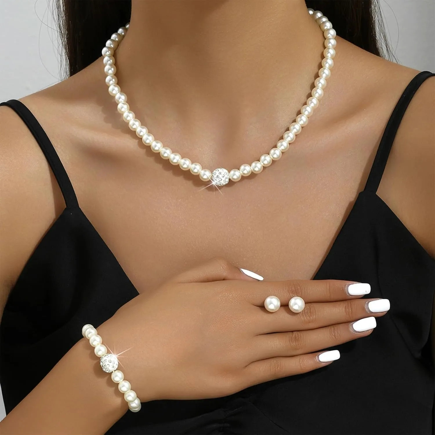 Dcfywl731 Pearl Necklace and Earring Set Faux Pearl Prom Jewelry Sets for Women Imitation Beaded Pearl Necklace Bracelet Stud Earrings for Women