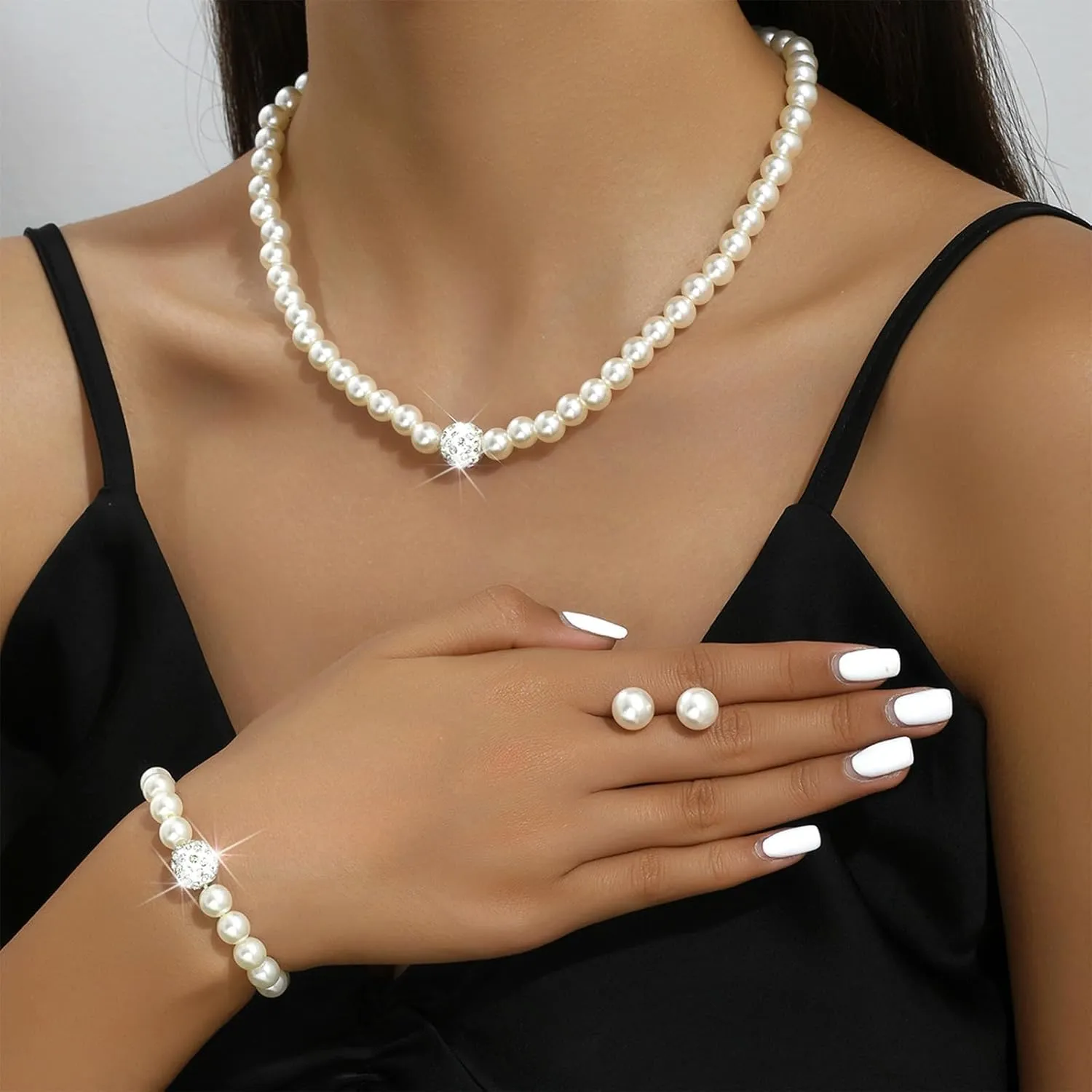 Dcfywl731 Pearl Necklace and Earring Set Faux Pearl Prom Jewelry Sets for Women Imitation Beaded Pearl Necklace Bracelet Stud Earrings for Women