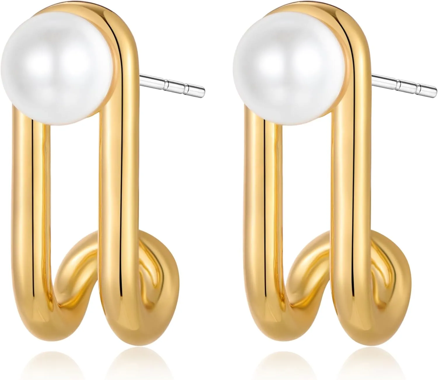Delicate Pearl Earrings for Women, Dainty 14k Gold Plated Gold Pearl Earrings Simple U Shaped Gold Pearl Stud Earrings Hypoallergenic Wedding Earrings for Bridesmaid