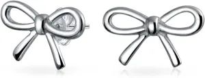 Delicate Simple Dainty Twist Rope Cable Ribbon Birthday Present Bow Stud Earrings Pendant For Women Teens Rose Gold Plated .925 Sterling Silver